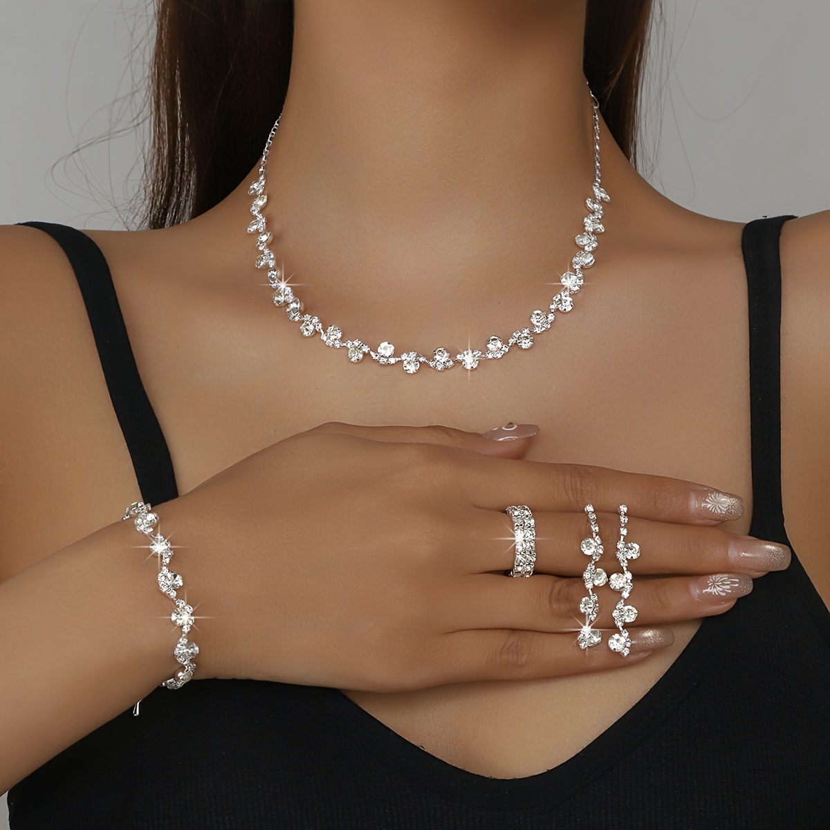 Image of Luxury Temperament Minimalist Style Exquisite Rhinestone Footprint Necklace Earrings Ring 4pcs Bridal Jewelry Set