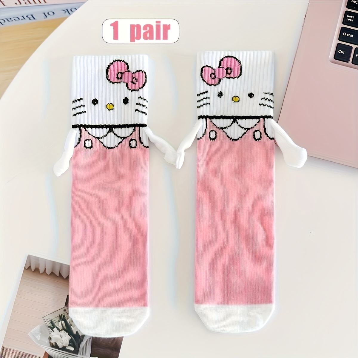 Image of Hello Kitty Bow Mid-calf Socks, Featuring Kitty Face And Pink Bow - Soft Casual And Themed Party Socks, Suitable For Daily Wear, Birthday Outfits - Adorable Japanese Footwear, Hand Wash , Mixed Colors