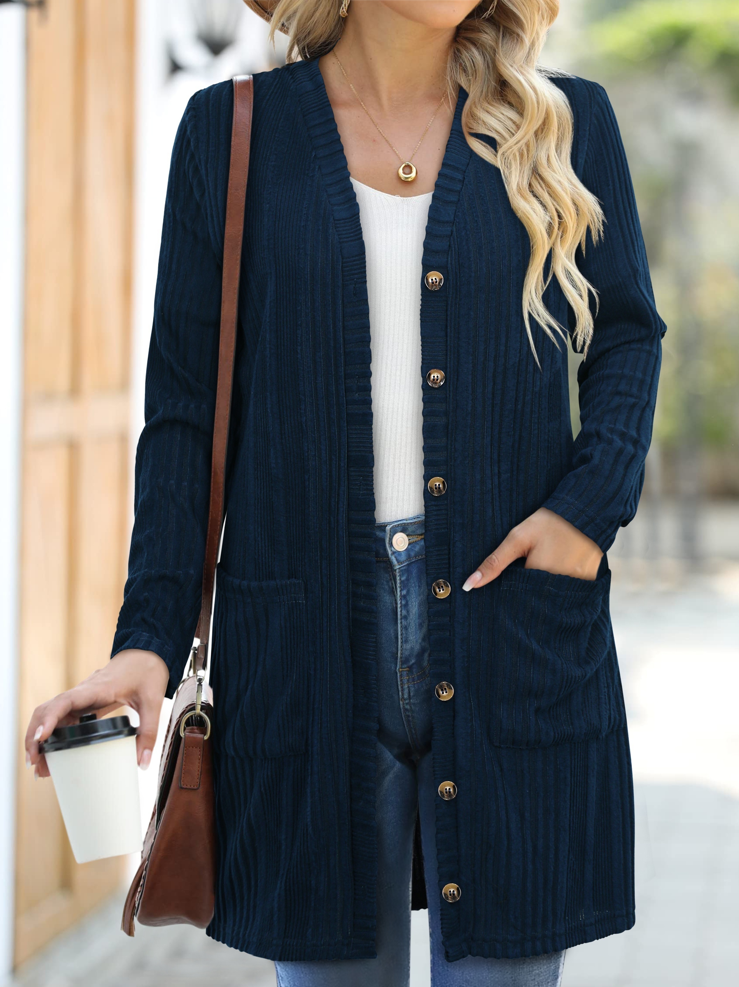 womens stylish navy blue knit cardigan pockets elegant v Temu