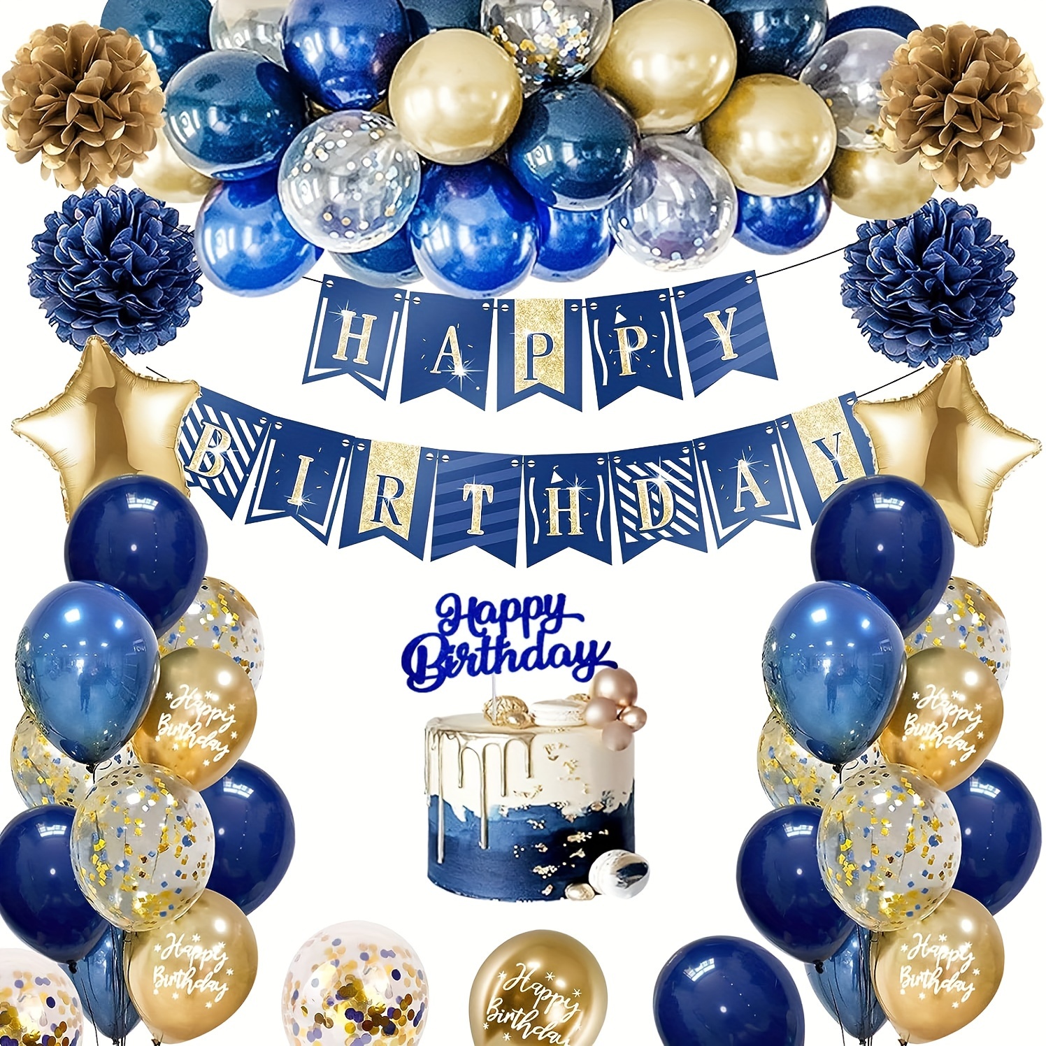Navy Blue Silvery Happy Birthday Party Decoration Kit Men - Temu