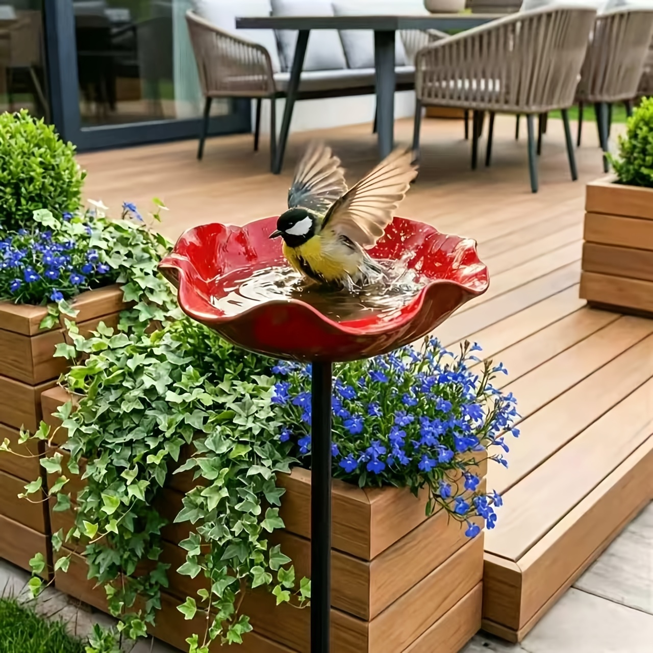 TEMU 3d Outdoor Bird Bath With Stake, Bird Feeder Bowl, Weather-resistant & Rust-proof, Sturdy Stable Structure, Multi-functional Wild Bird Bathing &