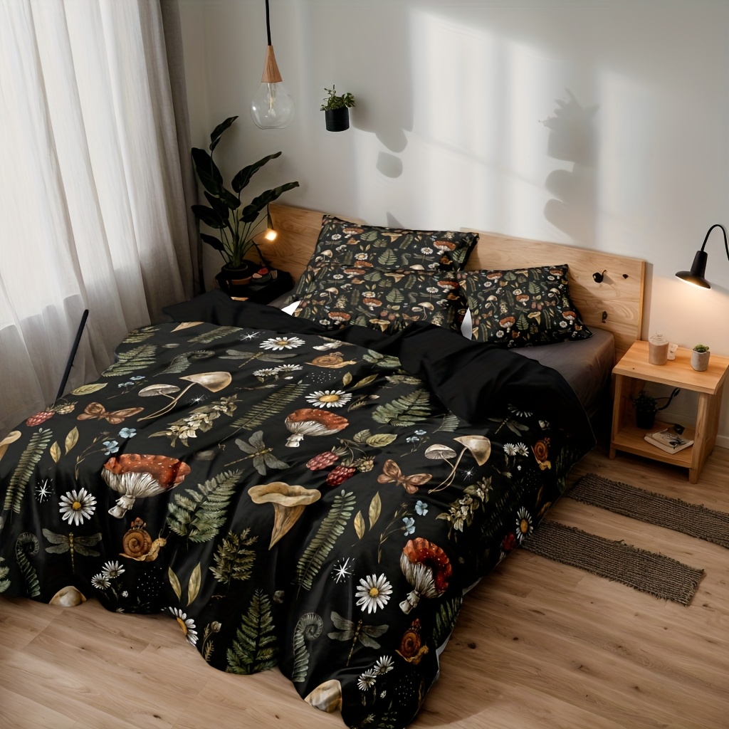 TEMU Juego de ropa de cama y nórdica con estampado de hongos de poliéster de 3 piezas, ideal para dormitorios y habitaciones de invitados. nórdica y