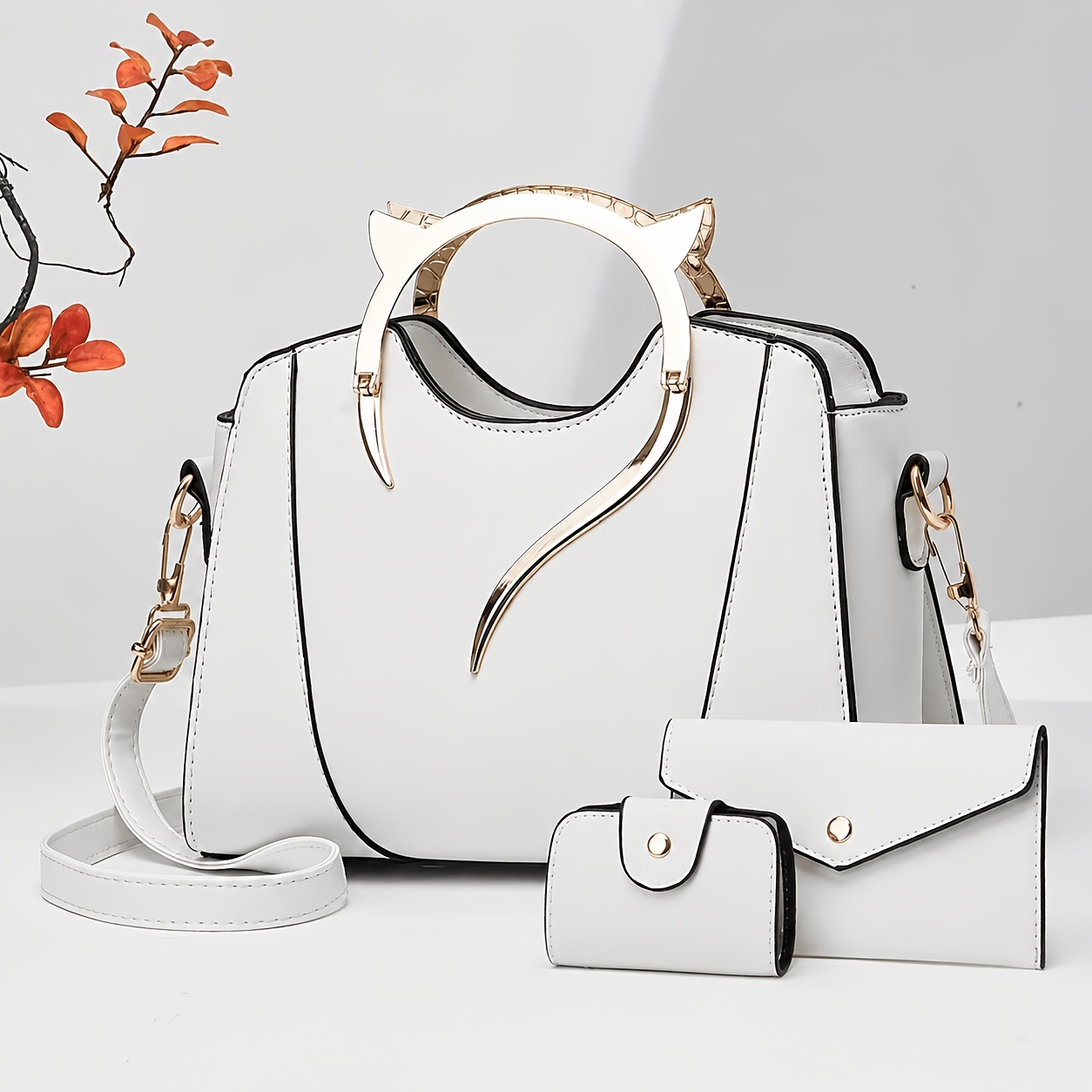 TEMU Women 3pcs Handbag Set, Cute Cat Ear Metal Top Handle Tote Bag, Fashion White Crossbody Shoulder Bag, Mini Card Holder & Envelope Clutch Purse,