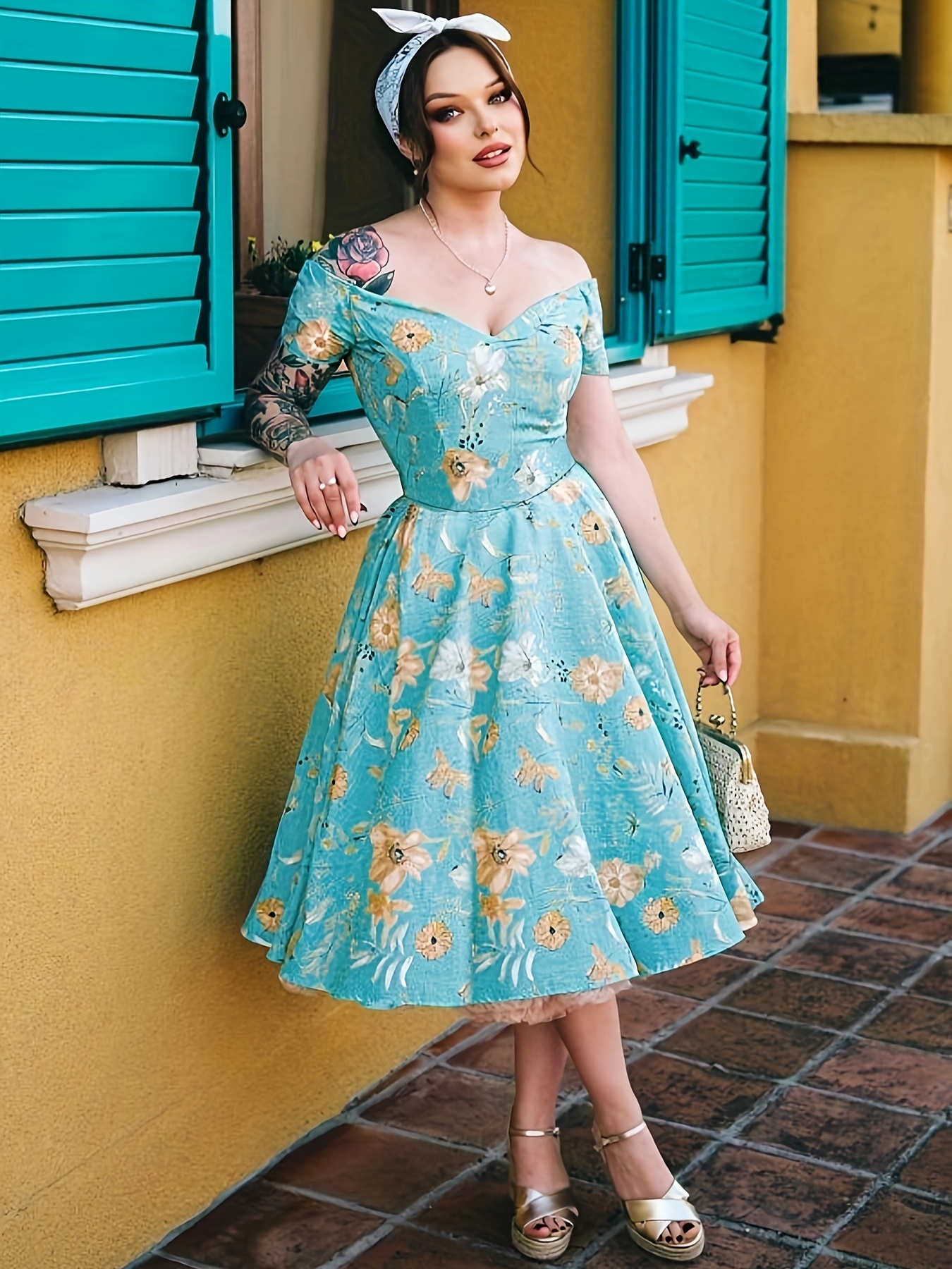 womens vintage floral length shoulder dress a fitted Temu United