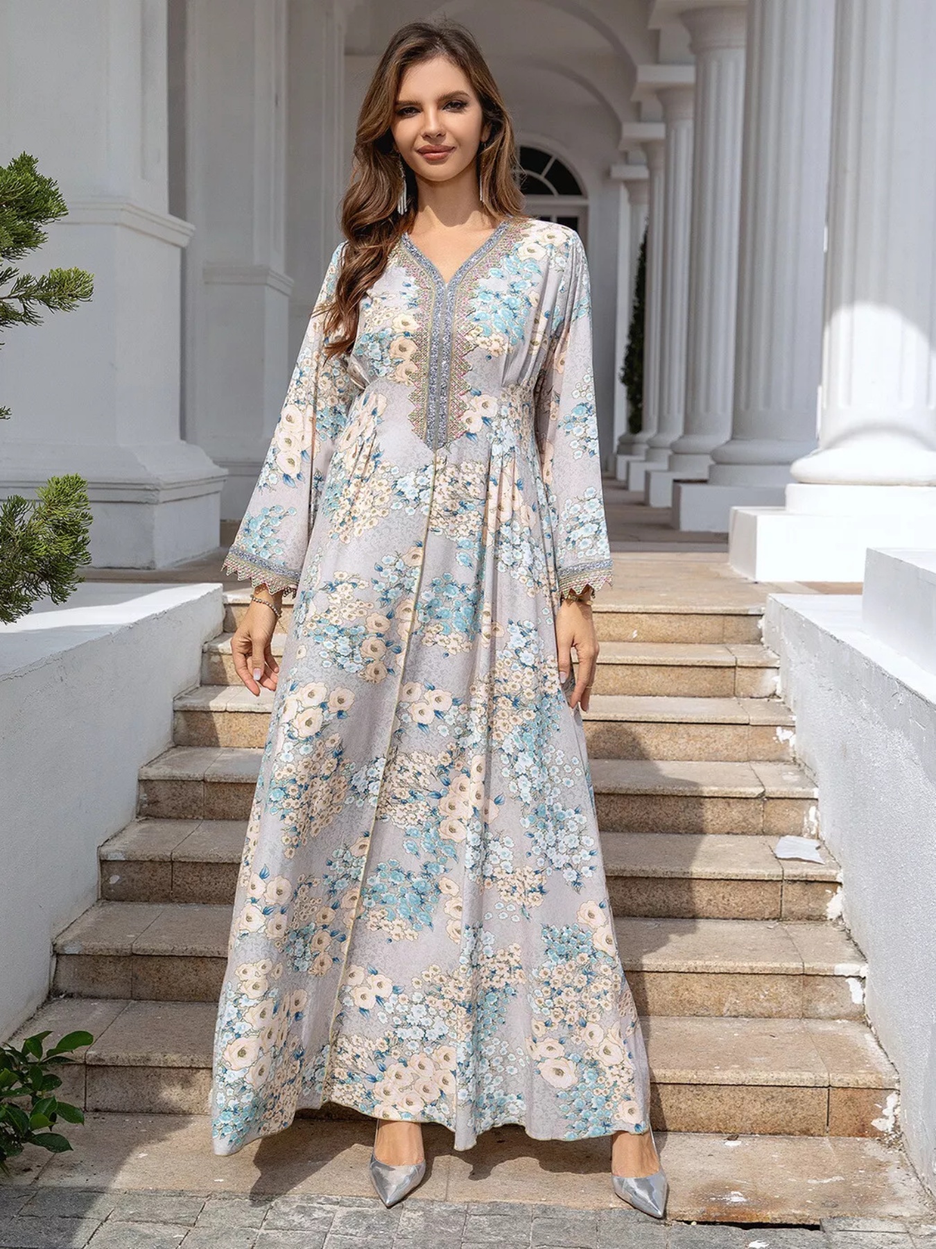 embroidered v neck kaftan dress, casual long sleeve belted maxi dress,  women's clothing | Shop Now For Limited-time Deals | Temu Canada