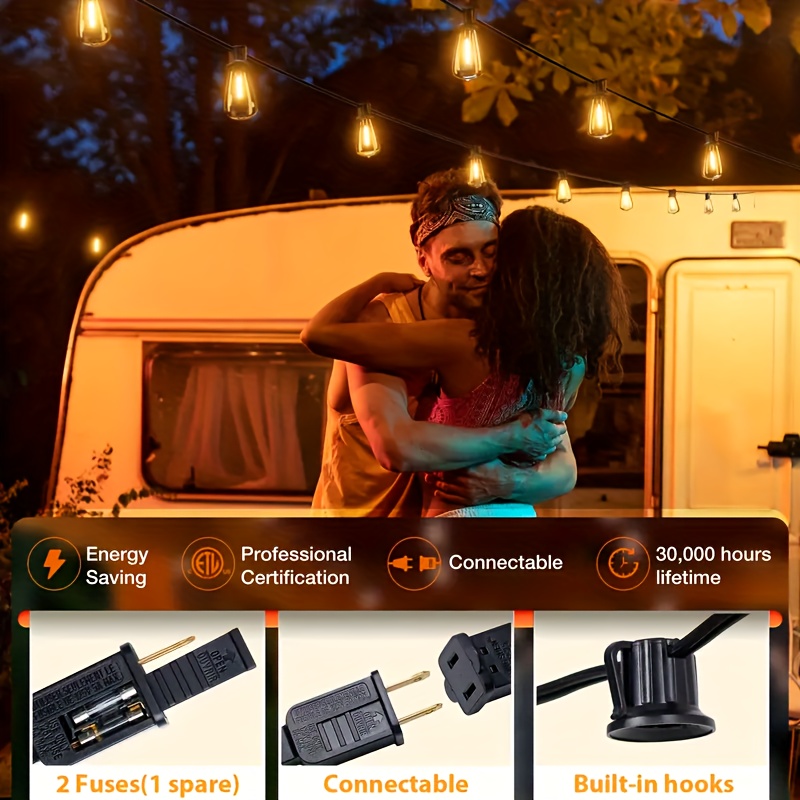 IP44 Dimmable Warm White LED Outdoor String Lights with Shatter-Resistant ST38 Bulbs, Multiple Lengths 50 to 200 ft
