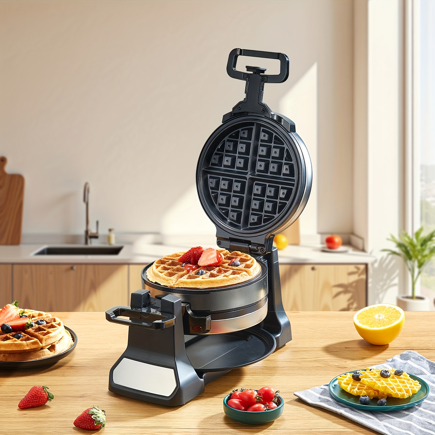 TEMU Reemix Belgian Waffle Maker – Nonstick, Stainless Steel, 1400w Rotating Iron With Removable Drip Tray & Handles, Cooked , Shared Cooking | Sleek Kitchenware | Easy