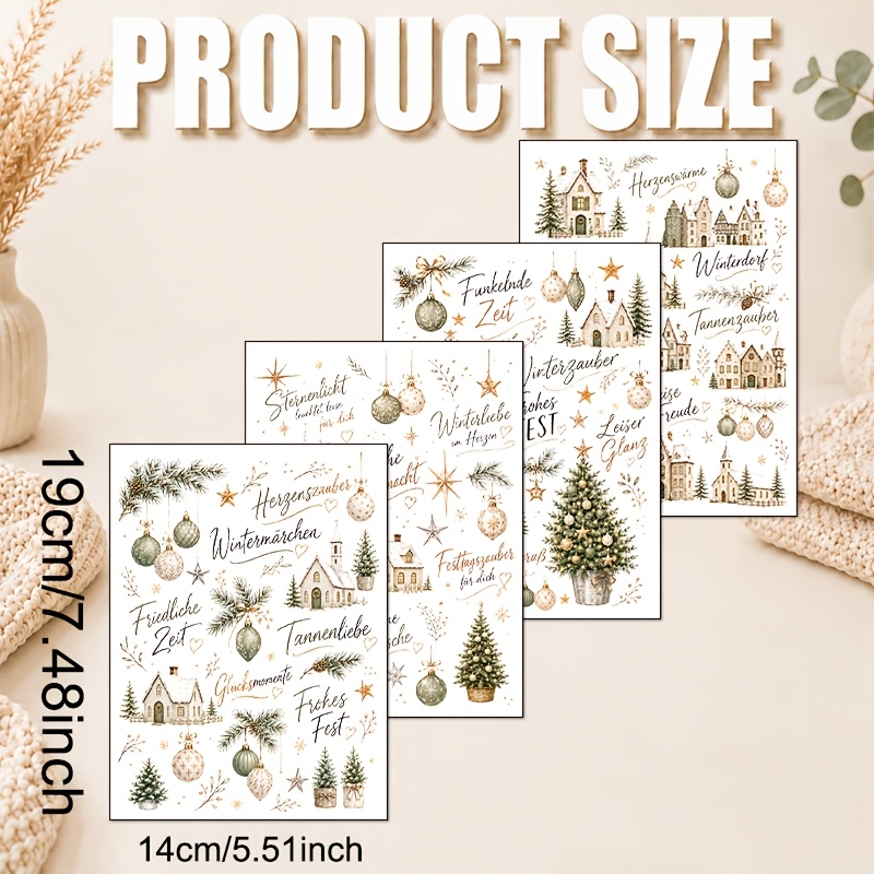 TEMU 4 Vel/Set, Bosstijl Wintervakantie Transferpapier, Handgetekende Groenblijvende Tak Decoratieve Bol Transfer, Elegante Aquarelstijl Transfer,