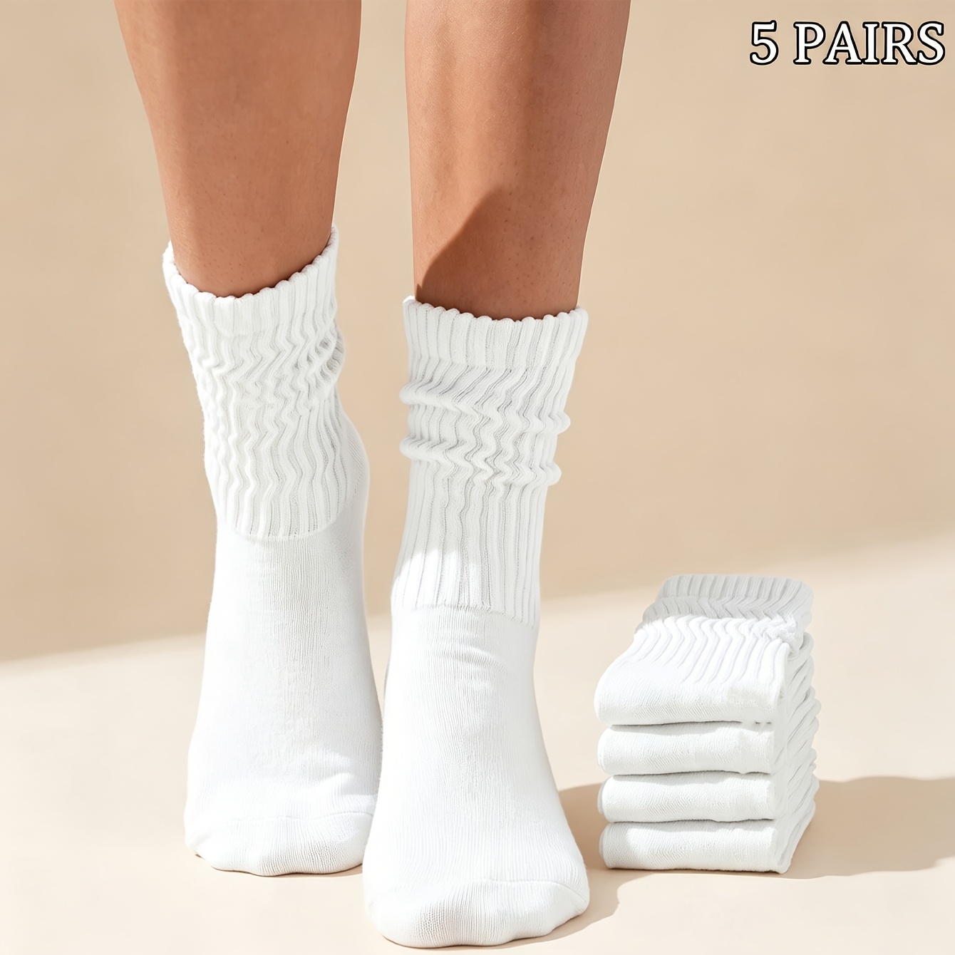 TEMU 5 Pairs Women's Mid-calf Socks, Athletic Socks, Retro Loose Socks, Mid-calf Ribbed Tubular Socks, White Socks, , Essential For Daily , Suitable