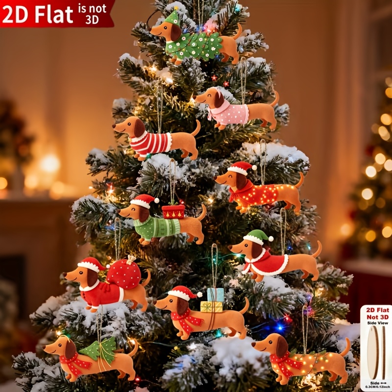 TEMU 2d Flat, 2d Flat 10pcs Set Of Christmas Dachshund Dog Wooden Ornaments In Styles, Premium Wooden Christmas Tree Hanging Decorations, Holiday