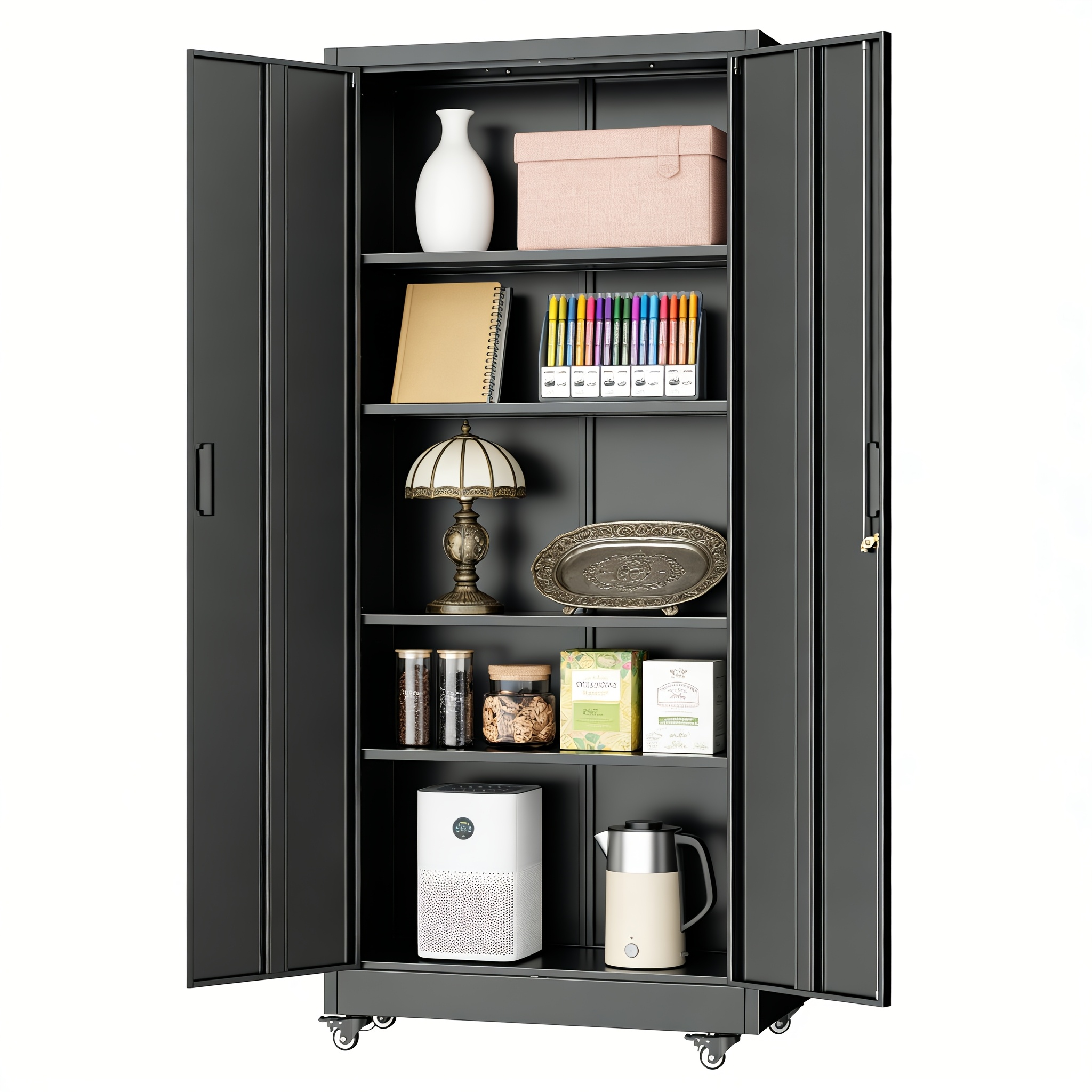 TEMU Metal Storage Cabinet, 73" H Garage Storage Cabinet With Wheels, Locking Heavy-duty Storage Cabinet With 4 Adjustable Shelves For Home Office,