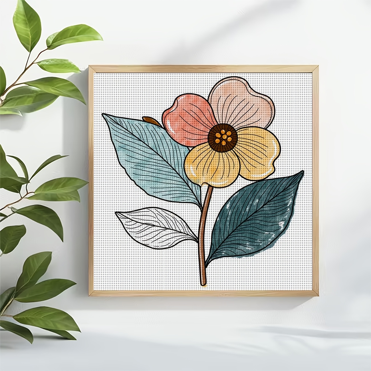 Frameless Cross Stitch Printed Kit, Colorful Flowers and Green Leaves Pattern