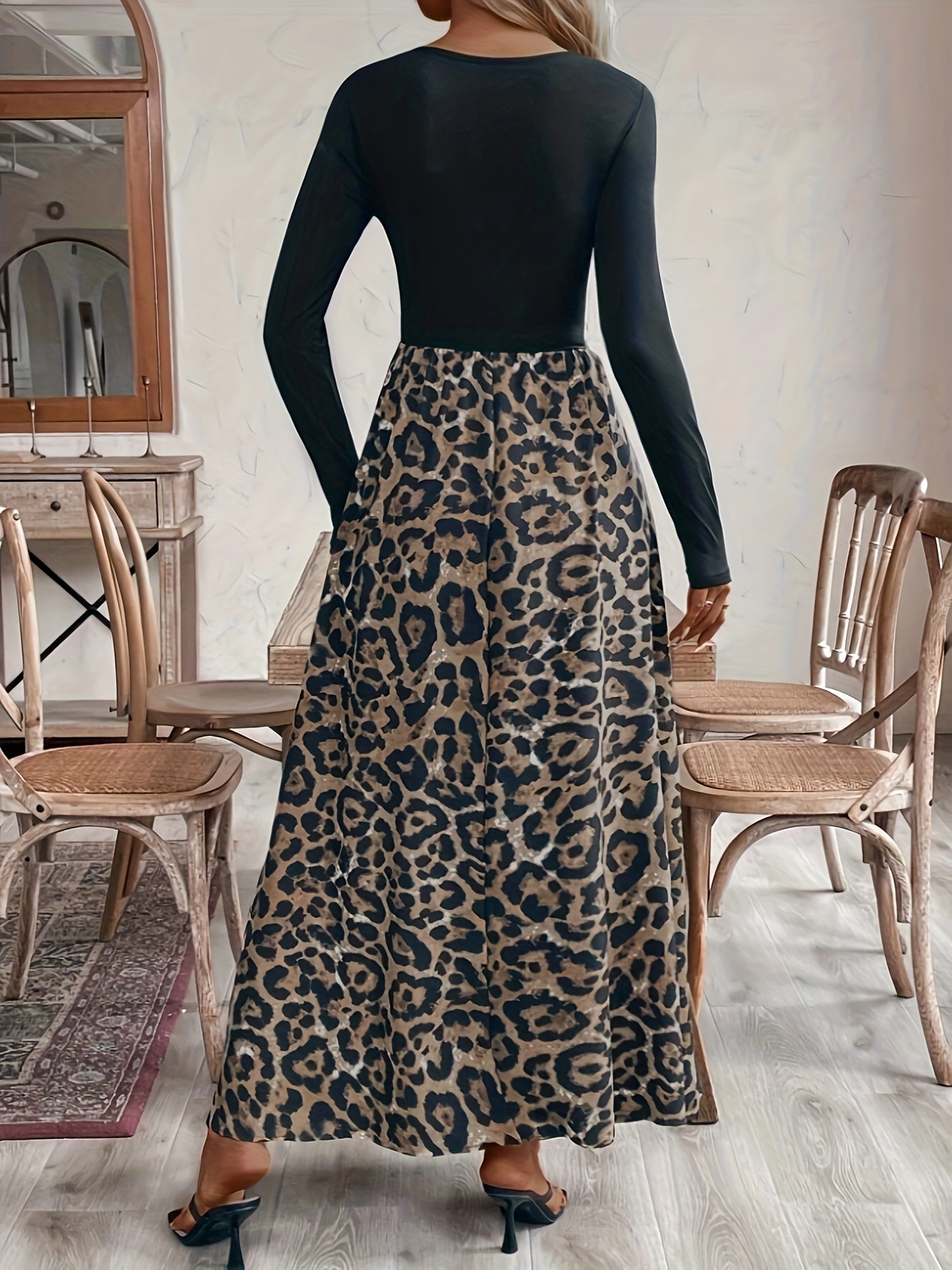 womens elegant loose fit long leopard print midi dress - Temu Oman
