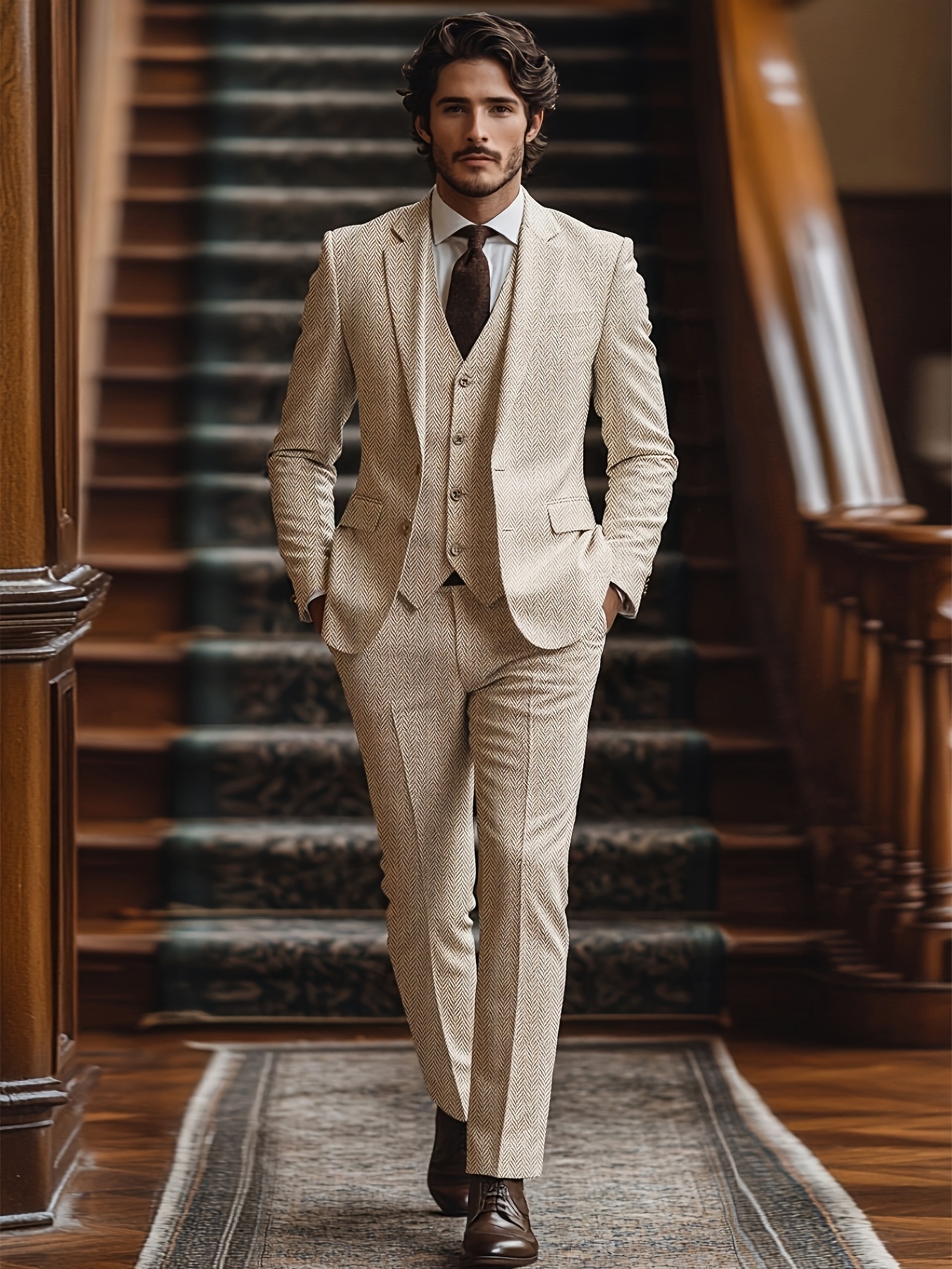 mens 3pcs vintage suit set business wedding formal attire Temu