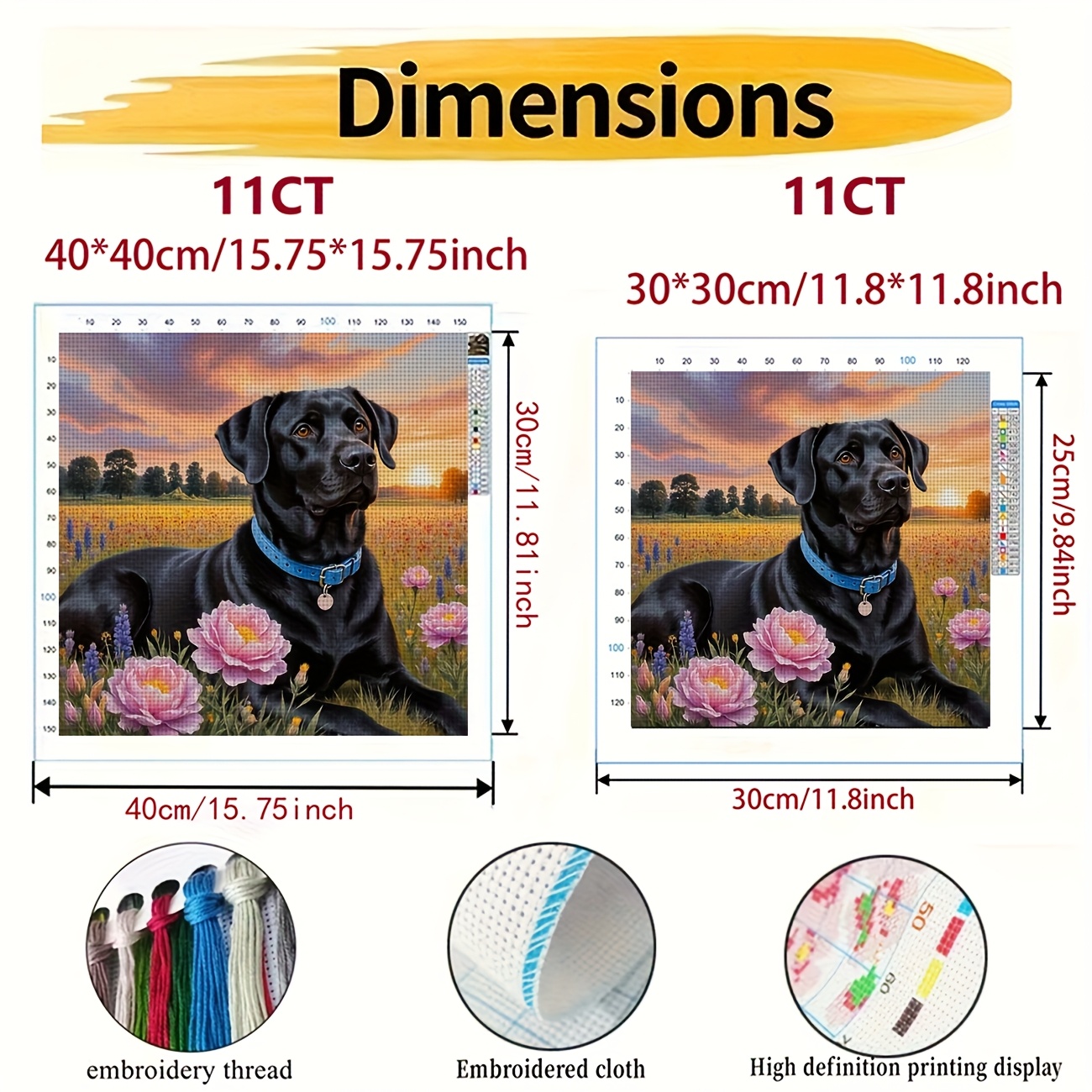 DIY Cross Stitch Kit, Black Dog Lying in Flower Field at Sunset Pattern
