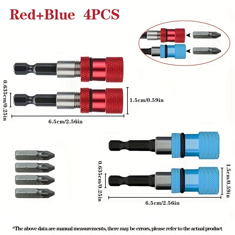 4pcs Magnetic Bit Holder Set With Ph2 Bits, 1/4 Inch Hex Shank Adjustable Depth 60mm Length - Includes 4pcss Phillips Head Bits, Suitable For Floor, Ceiling, Drywall Installation - Red And Blue