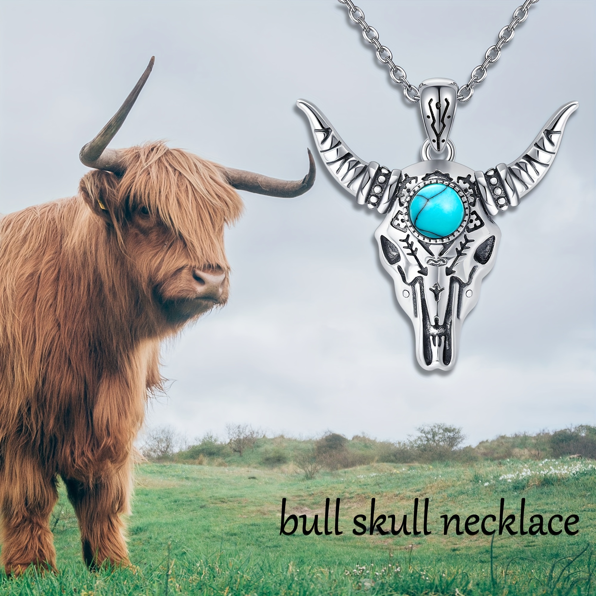 Bull Skull Necklace, 925 Sterling Silver Boho Pendant