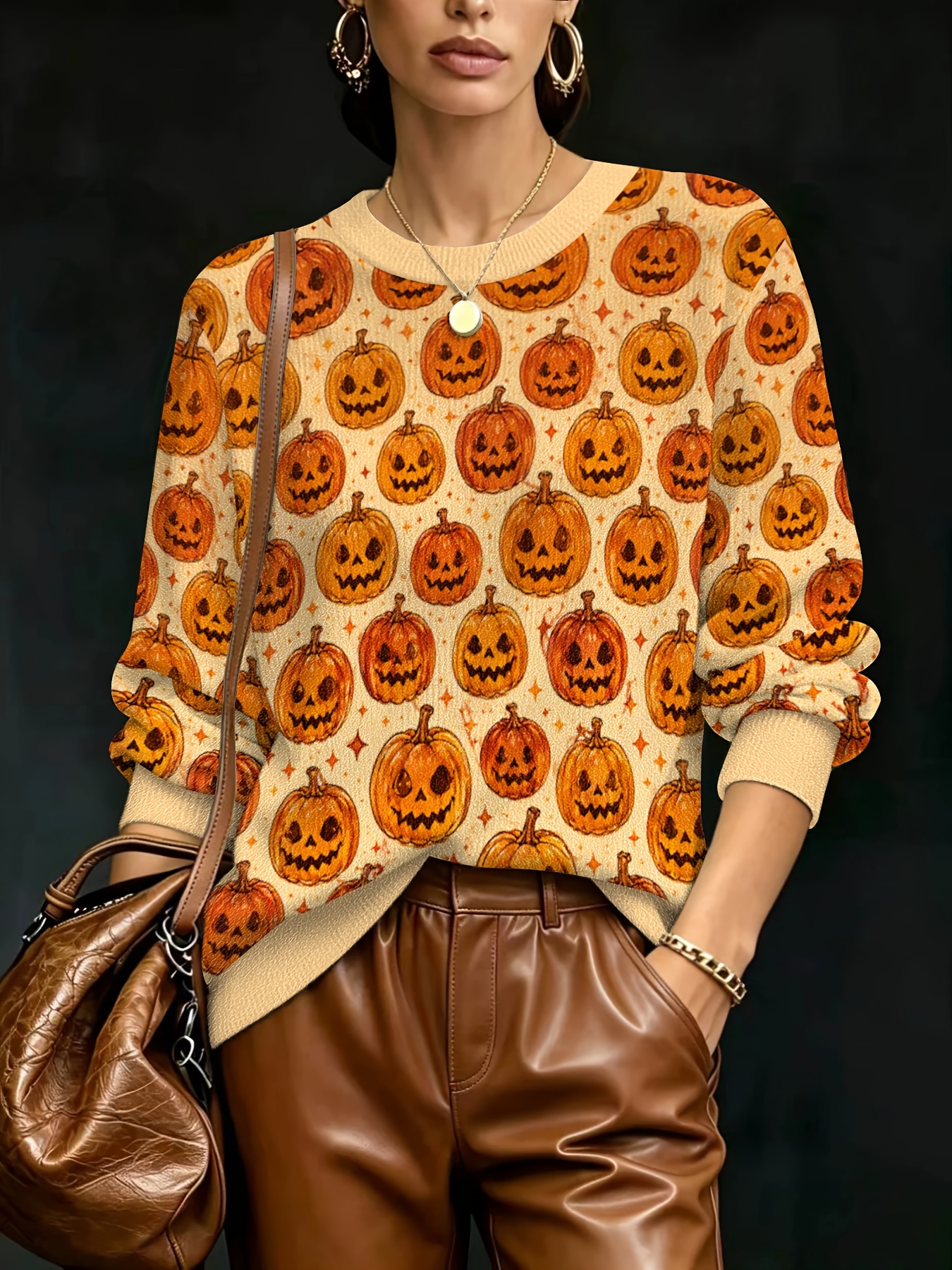 item picture womens halloween fall winter thick   sweater printed loose crew neck pullover casual long sleeve     top soft comfortable machine washable knitwear for home outing