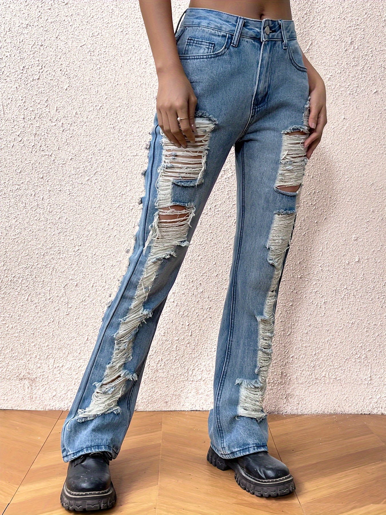 Ripped Knee Cut Distressed Jeans Light Wash Slash Pocket - Temu