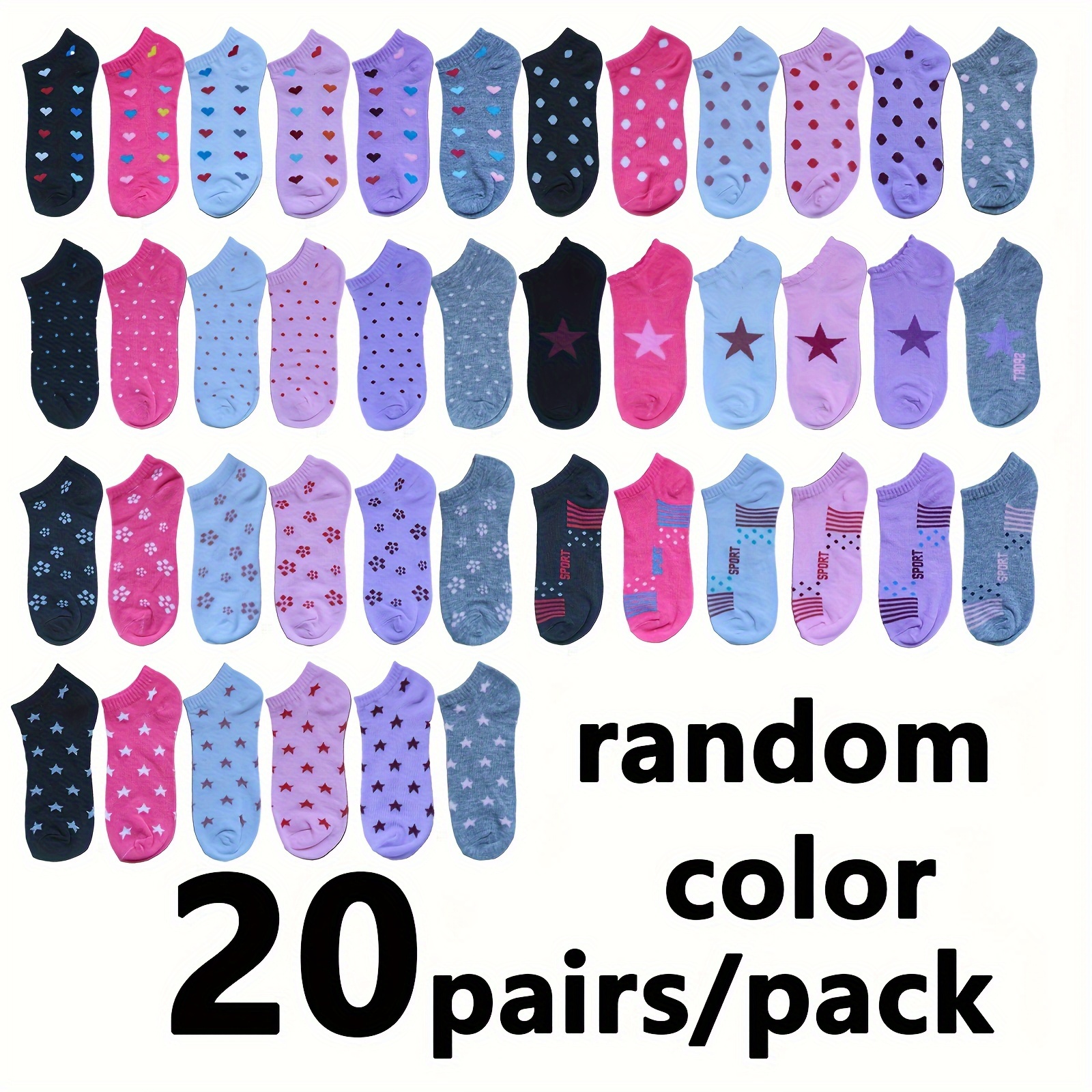 

20-pair Vibrant Ankle Sock Set In Red & More Colors - Soft, Stretchy Polyester With Cute Geometric Patterns, Machine Washable - Casual Attire, Cute Socks