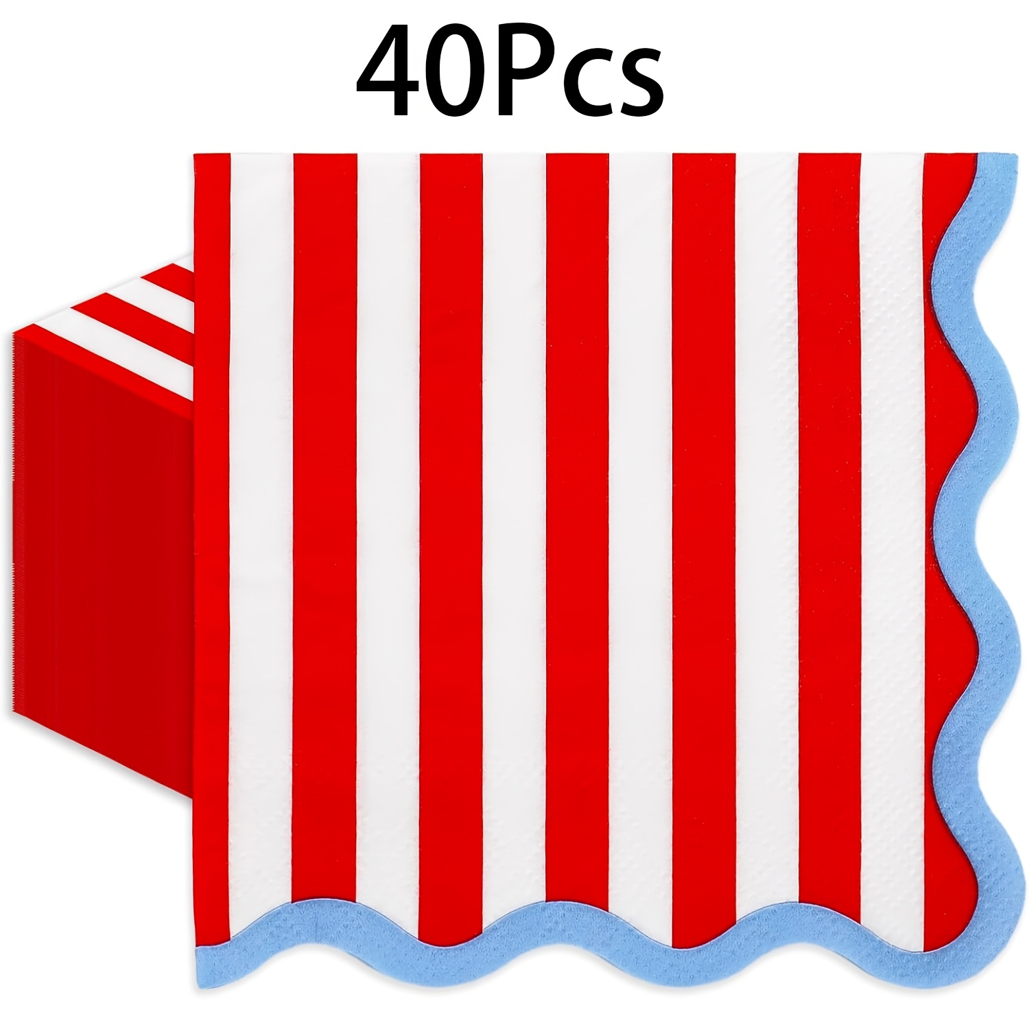 TEMU 40pcs, Red White Vertical Striped Blue Scalloped Edge Disposable Paper Napkins, 13 Inch Wavy Border Tissues For Birthday Party, Circus Carnival,