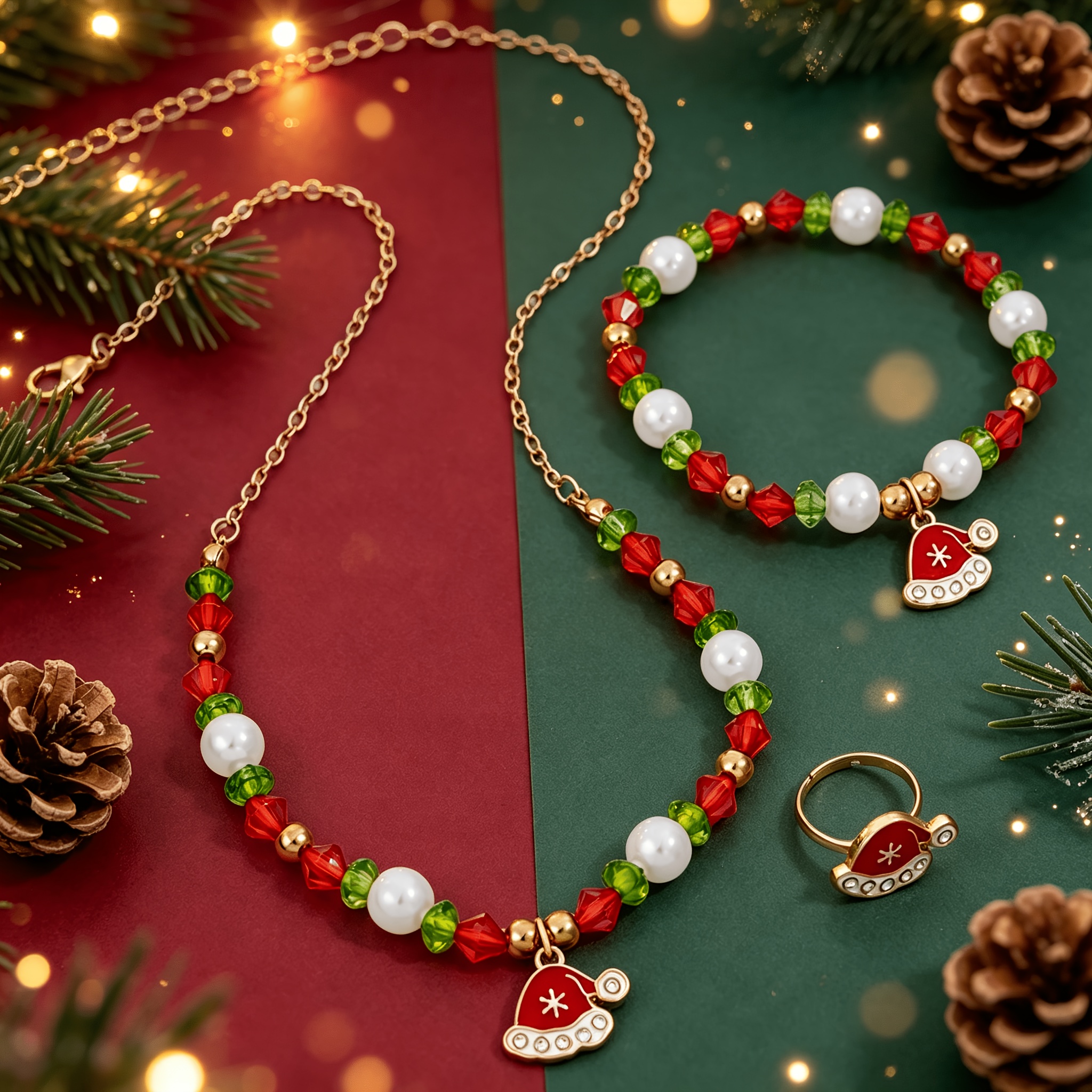 TEMU 3pcs Kids Christmas Jewelry Set, Stretch Bracelet, Adjustable Open Band Ring And Necklace With Santa Hat Charm, Friendship Additions For Girls,