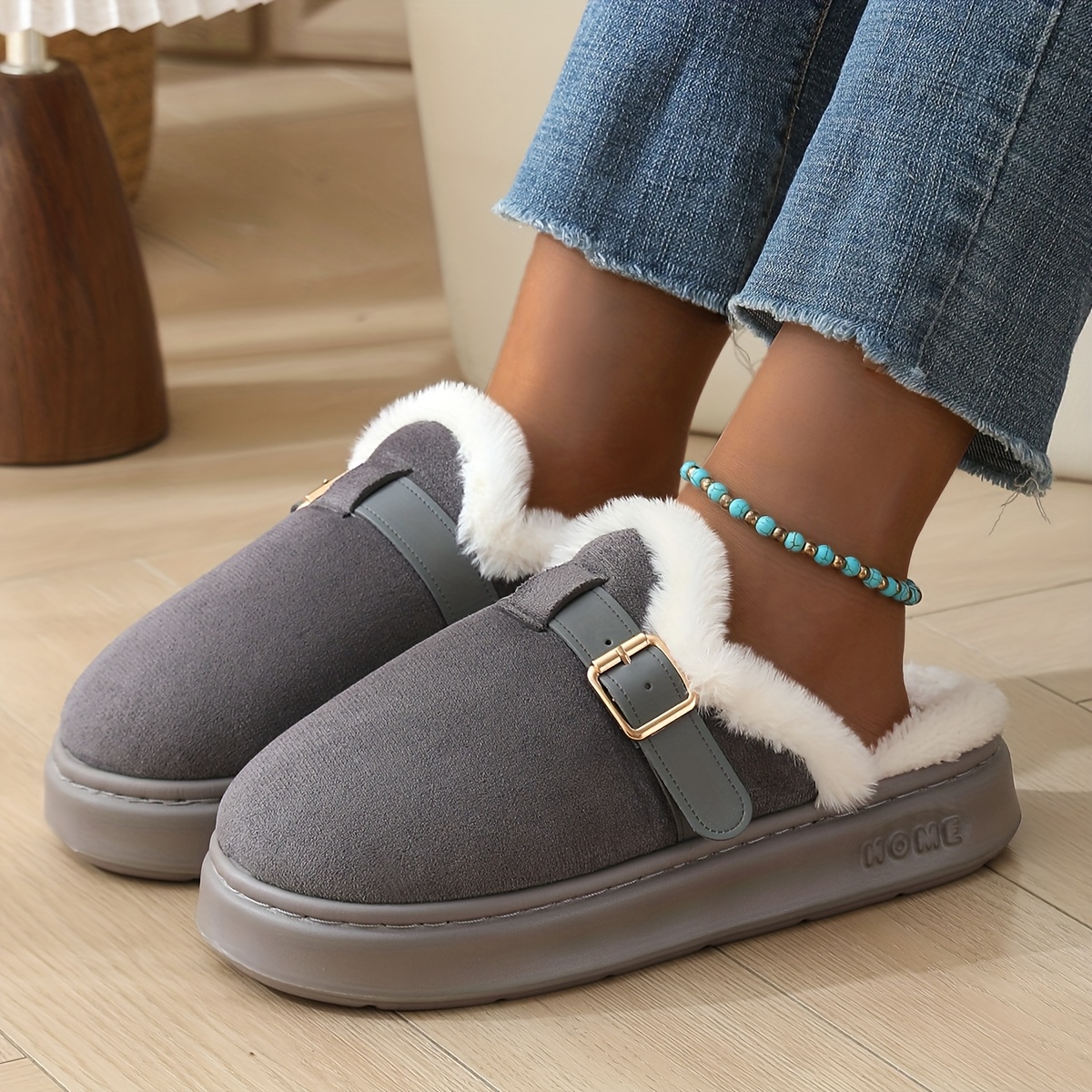Image of Autumn Elegant Fashion Plush Bow Decoration Women's Home Slippers, Women Shoes
