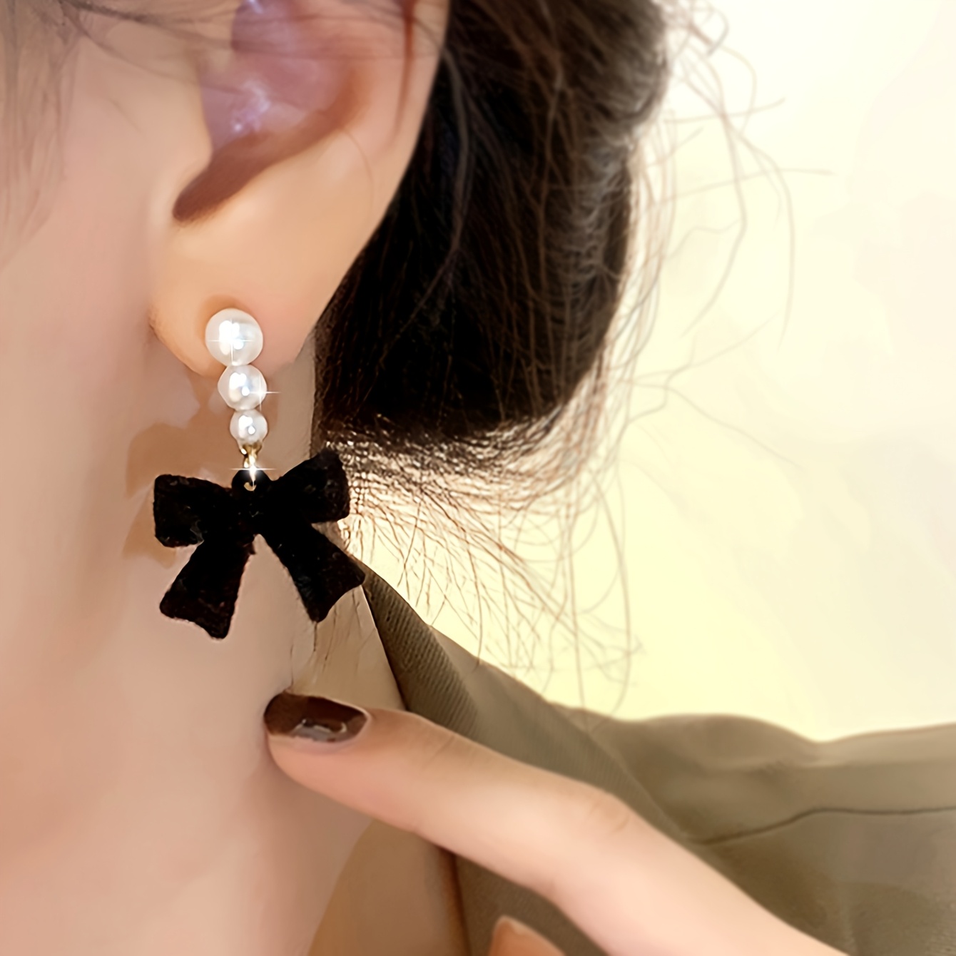 

1 Pair Vintage Simple Black Bowknot Drop Earrings For Women, Alloy With Copper Post, Plastic Pearl Accents, Fashion Long Dangle Earrings For Daily And Party - All Compatible