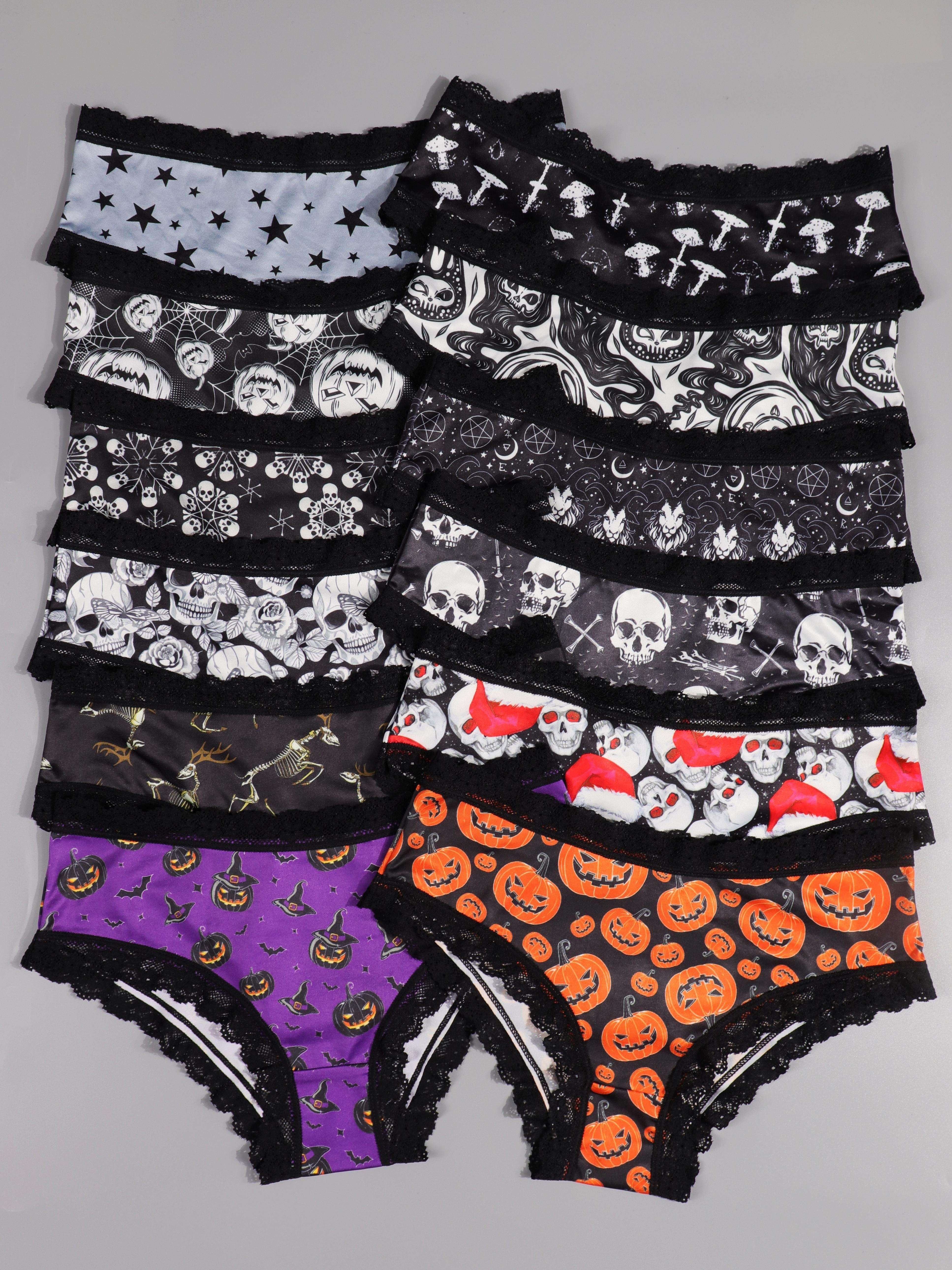 12pcs Gothic Contrast Lace Hipster Panties, Skull & Jack-o-lanterns & Stars  Allover Print Intimates Panties, Women's Underwear & Lingerie