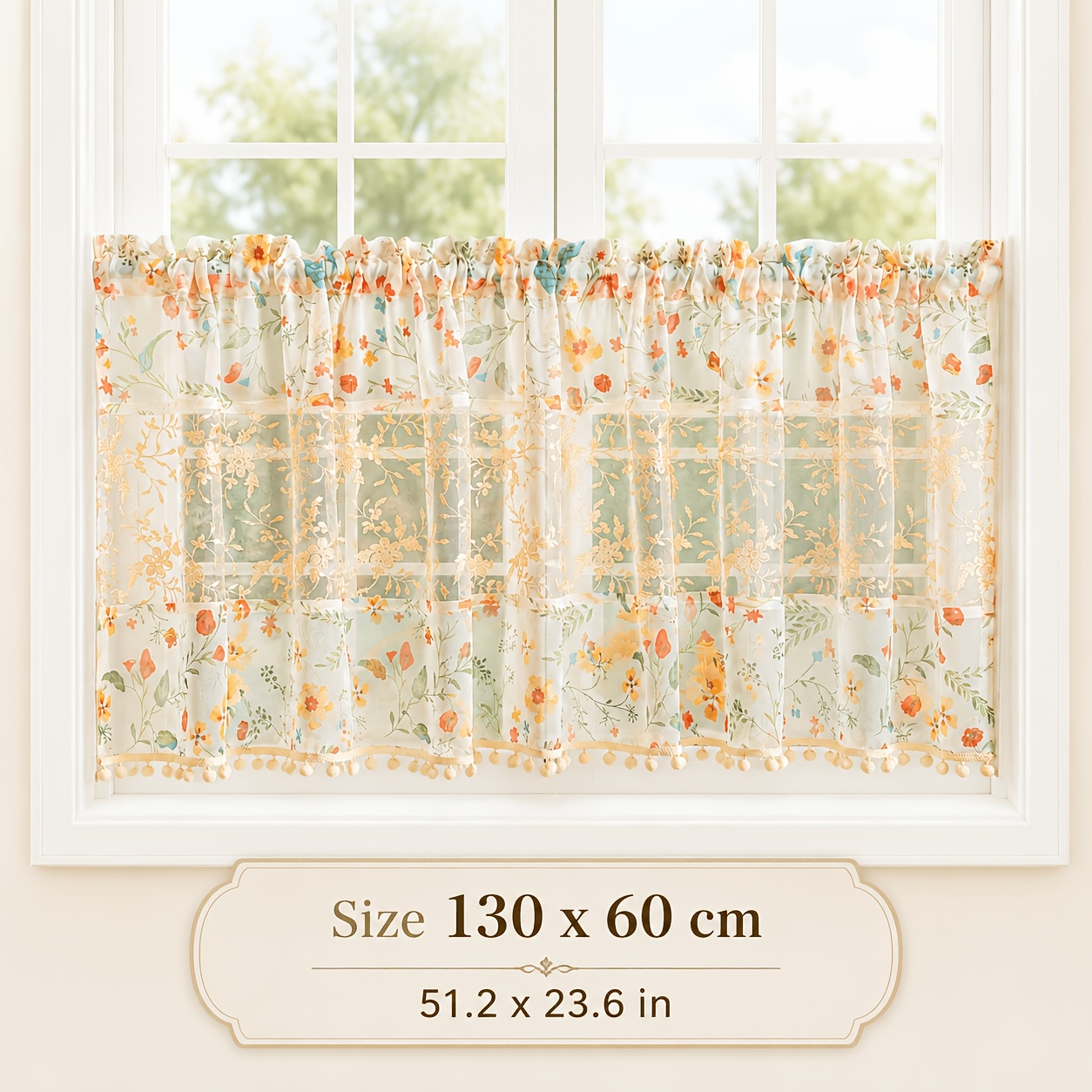 TEMU 1pc Ivory Multicolor Curtain, Sheer Embroidered Short Window Curtain With Pom Pom Trim, Rod Pocket Tier Curtain For Kitchen Bedroom Bathroom