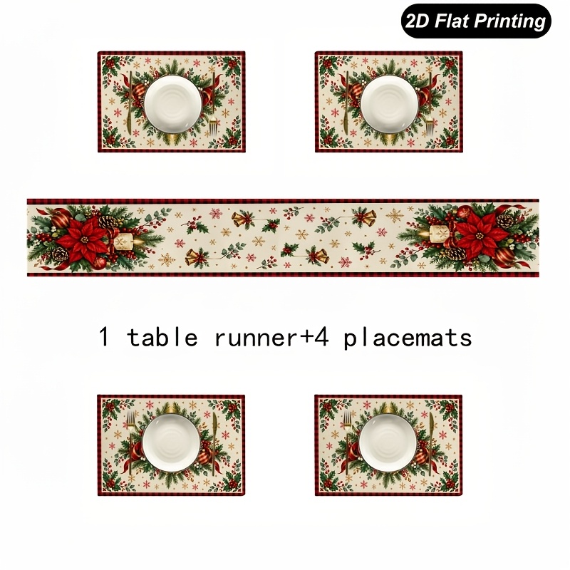 TEMU 5/7 pièces Chemin de table et napperons de Noël à motif de fleurs de poinsettia, 1 chemin de table et 4/6 napperons, décorations de table