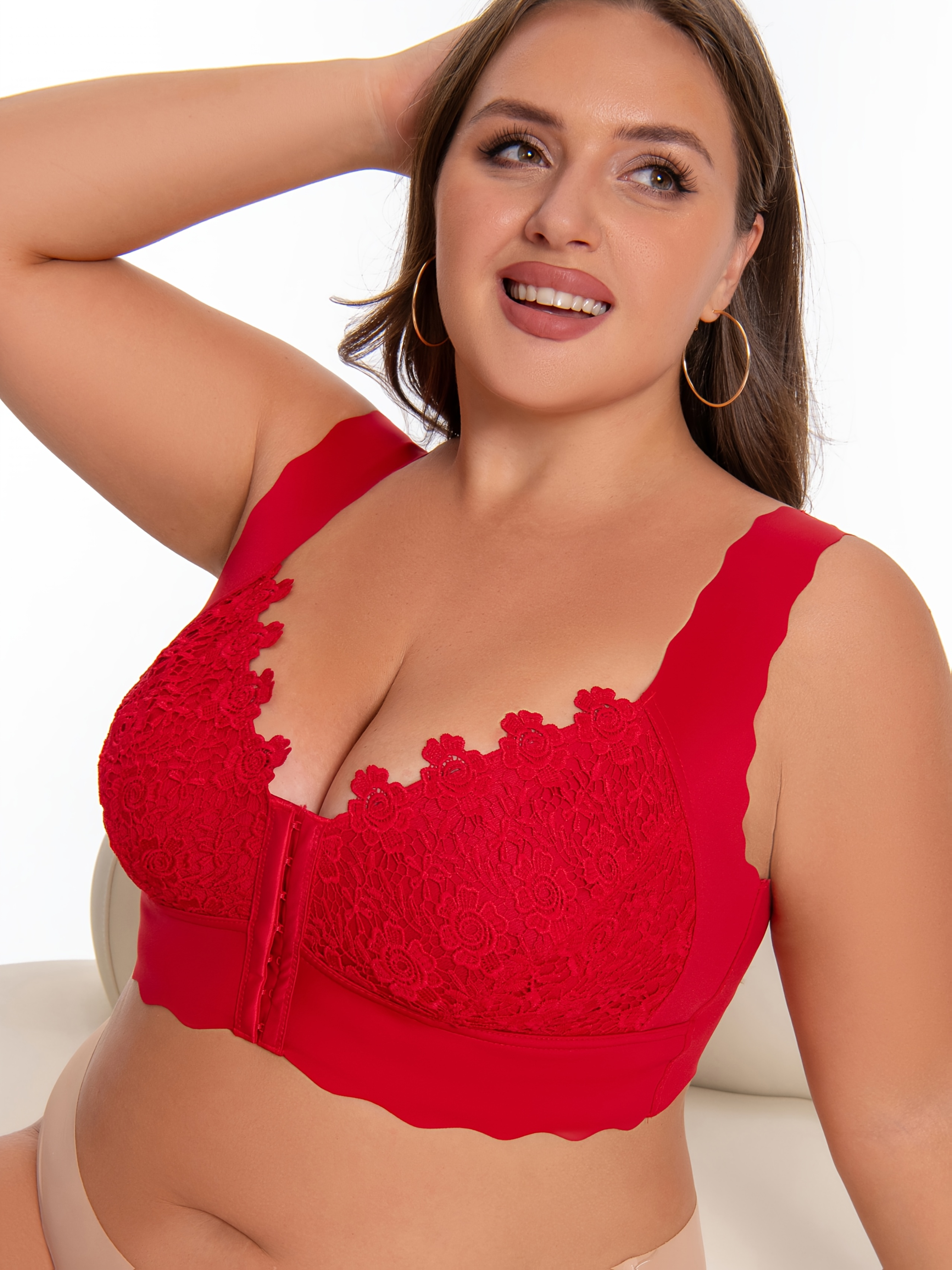 Women'S Plus Size Front Closure Wireless Bra - Elegant Water Soluble Lace Design, Wide Strap Smooth Fabric, Seamless Comfort-Fit, Polyamide Free, Lace Trimmed Vest Style, Everyday Comfort Bra | Elegant Lace Detailing | Nylon Free Fabric, Bras for Wireless Bras