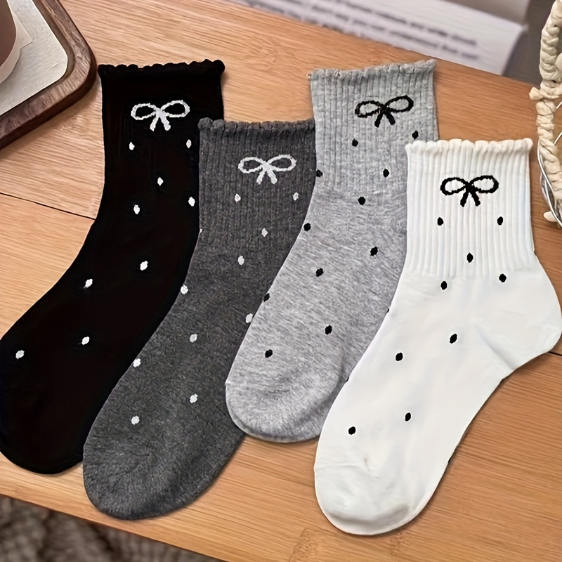 

4 Pairs Bow & Polka Socks, Cute Ruffle Mid Tube Socks For Fall & Winter, Women's Stockings & Hosiery