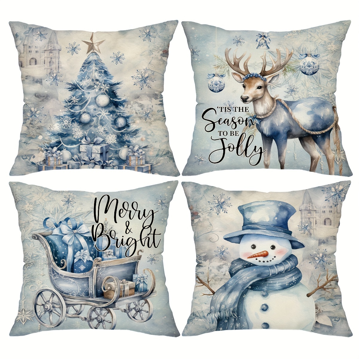 TEMU 4pcs, Winter Xmas Throw Pillow Covers, 18in*18in Blue Christmas Snowflakes Santa Claus And Decor Cushion Covers, Farmhouse Home Decor