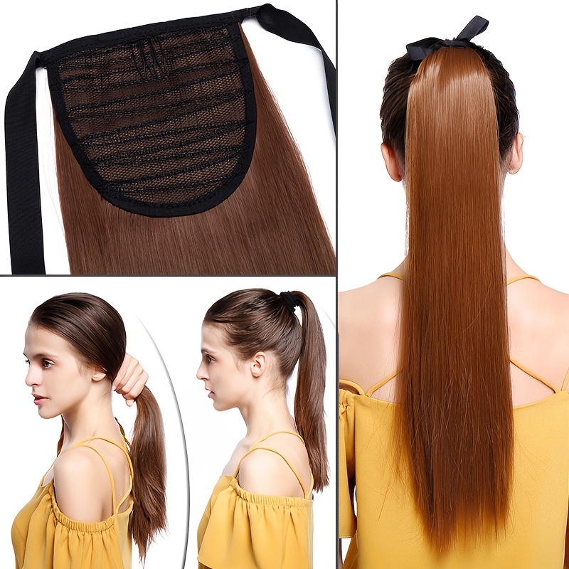 long soft tie up ponytail straight hair piece clip in hair extensions 22inch 55cm wrap around binding pony tail hairpiece drawstring pony tails for women party festival christmas halloween daily use details 5