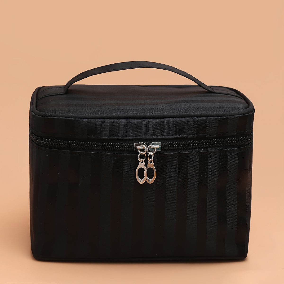 Image of Striped Large Capacity Cosmetic Bag, Square Storage Organizer With Zipper, Portable Makeup Pouch For Travel & Home Use