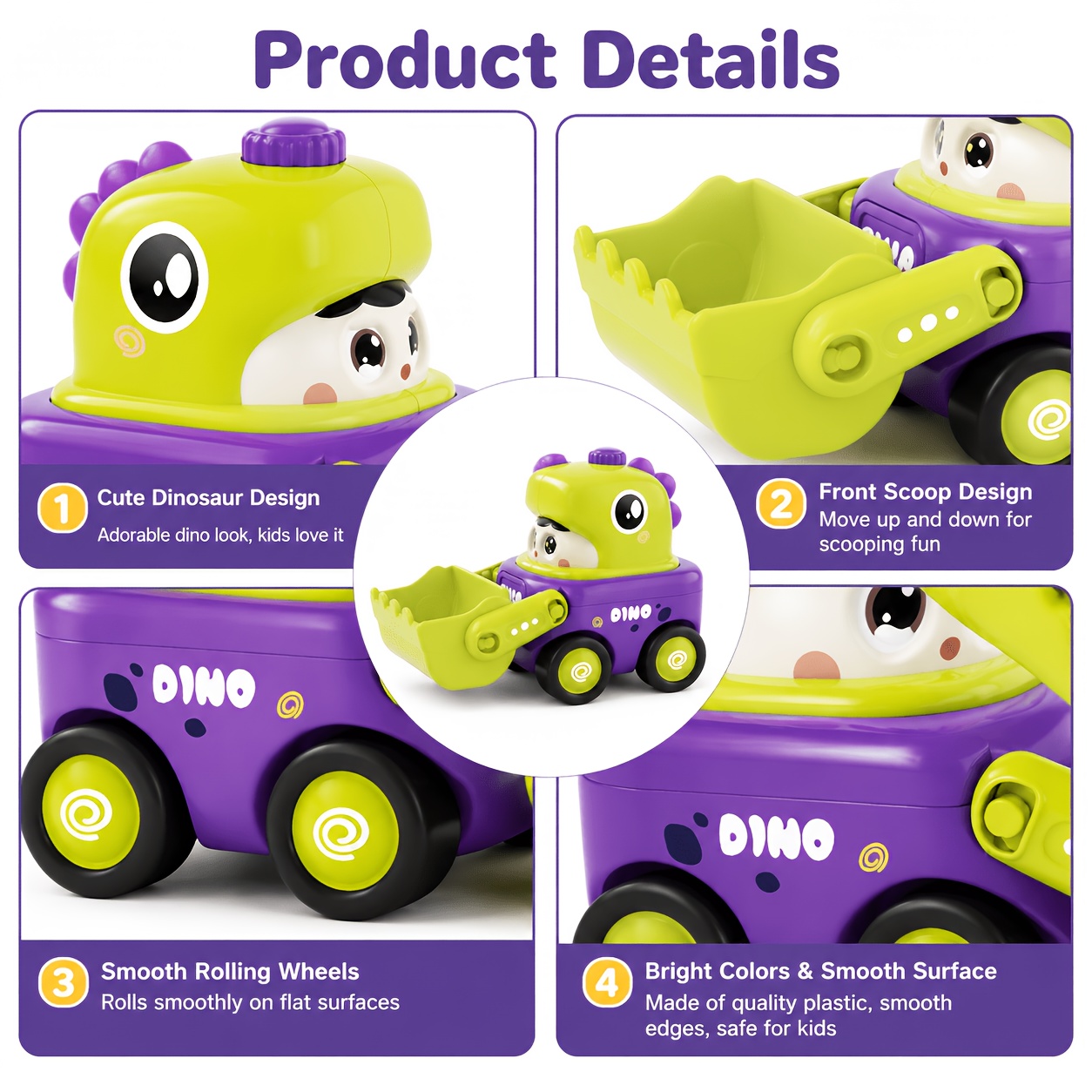 Press and Transform Sliding Dinosaur Engineering Vehicle Toy for Kids