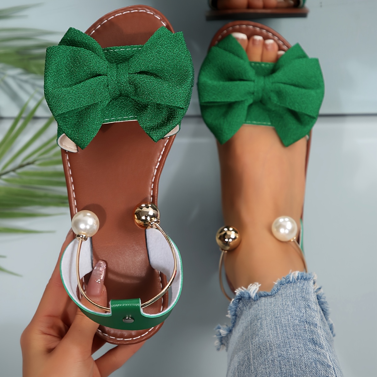 new   size womens comfortable and simple round toe open toe flat sandals with bow decoration and metal beads   casual summer beach   Product details 4