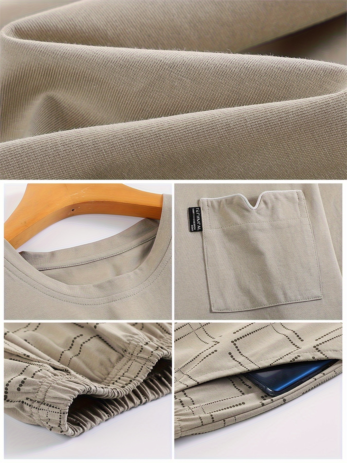 Men'S Casual Summer Cotton Pajama Set - Light Gray, Short Sleeve, Crew Neck, Pocketed, Stretchy Fabric, Regular Fit, No Belt, Home & Outdoor Wear, Relaxed Fit Pajamas | Casual Style | Cotton Fabric