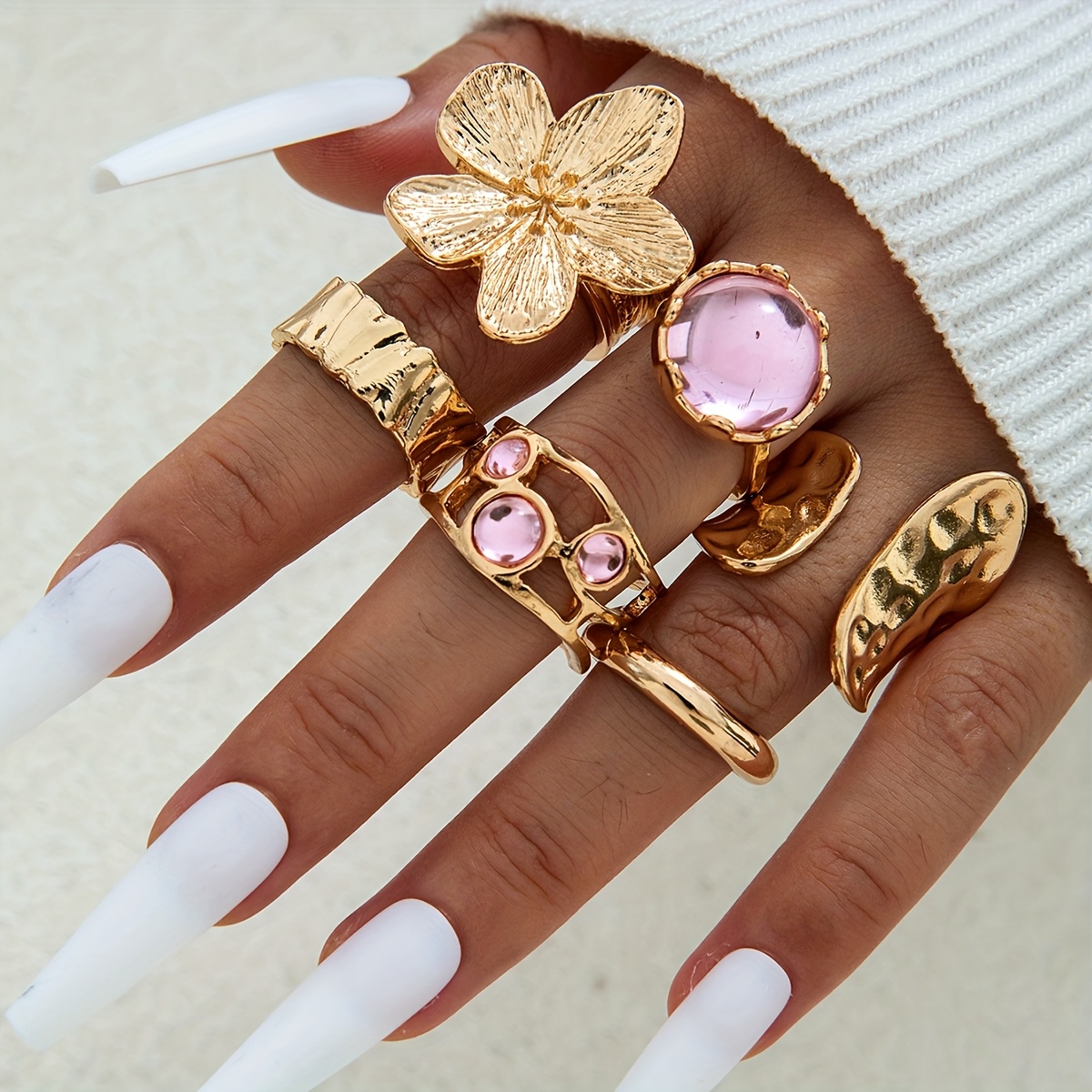 TEMU Conjunto de 6 anillos de moda, lujo , polarizados, barrocos, de perlas, aleación de flores, adecuados para que las mujeres asistan a fiestas de