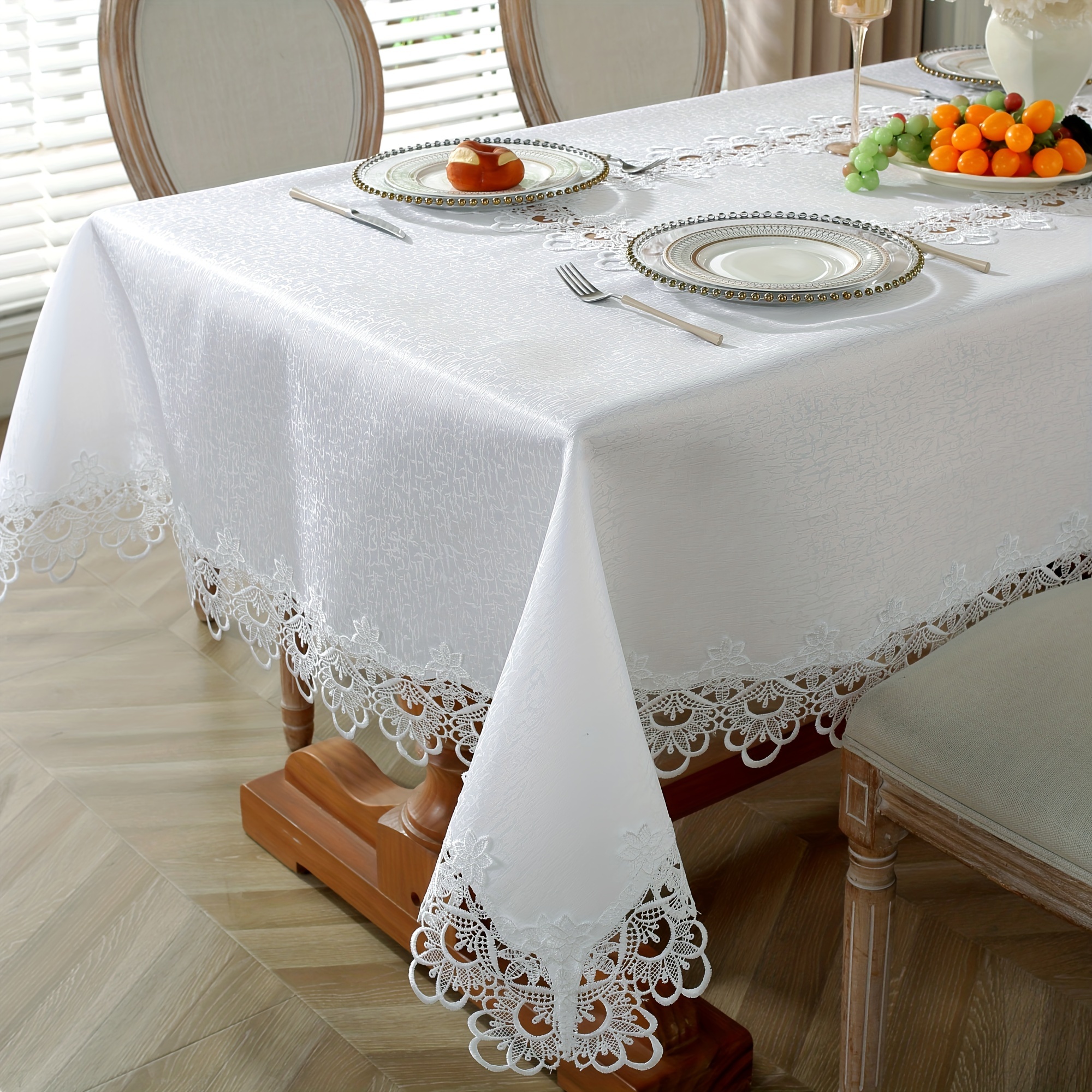 

Elegant White Lace- Polyester Tablecloth - Rectangular, Wrinkle-free, Dining & Living Room Decor, Picnics, And - Ideal For Birthday Parties, Weddings, And