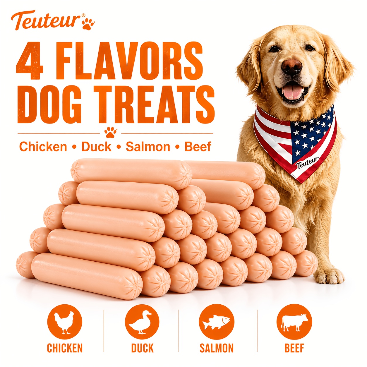 TEMU Bulk Dog Sausage Treats, 4 Flavors Chicken Duck Salmon Beef, Soft Sticks, Small Dog Puppy Rewards, Meal Topper Treat Pack