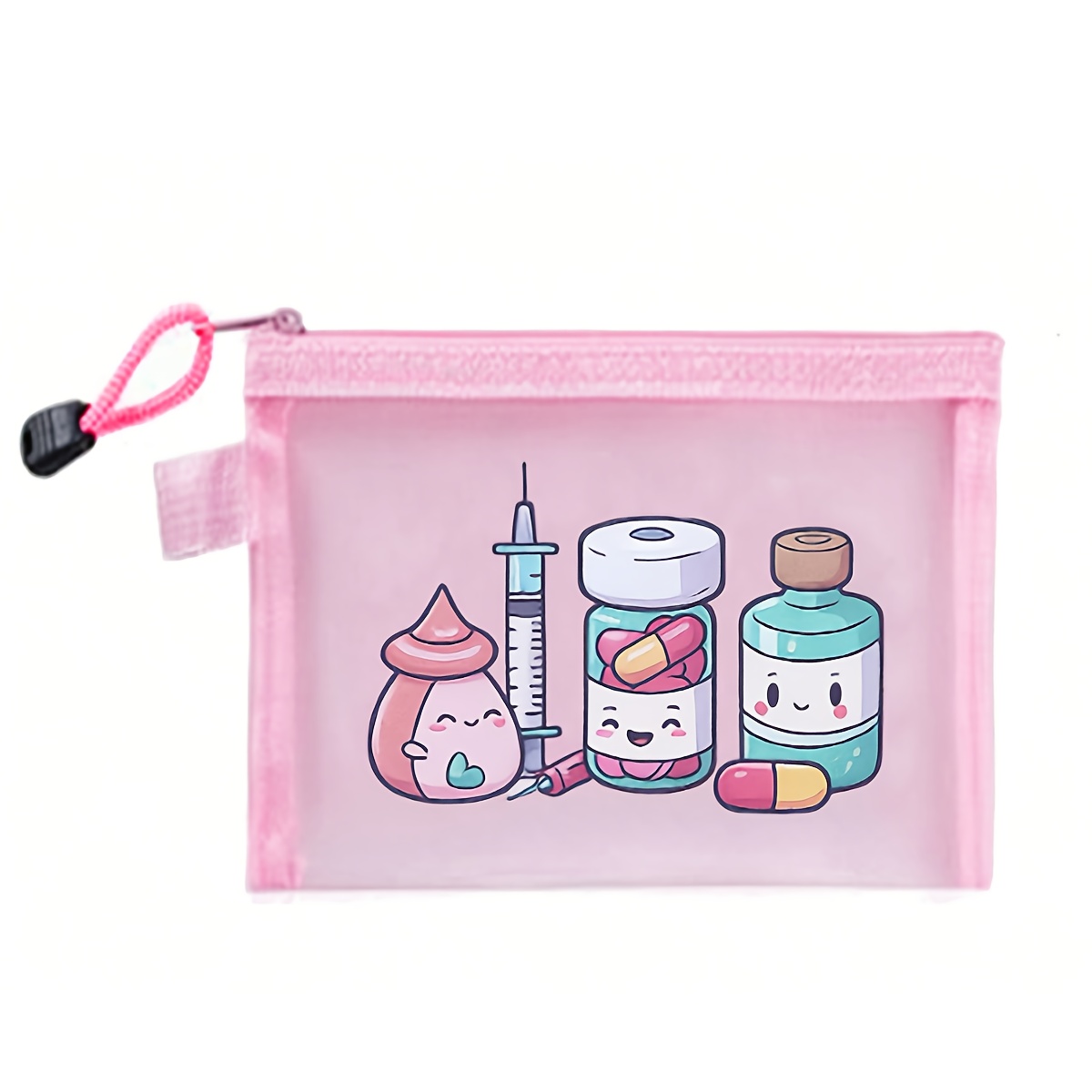 Image of 1pc Cartoon Pattern Medicine Bottle Storage Bag, Cartoon Pill Bottle And Needle Pattern Mesh Cosmetic Bag, Portable Storage Bag, Skin Care Bag, Bag, Travel Essentials, Dorm Supplies