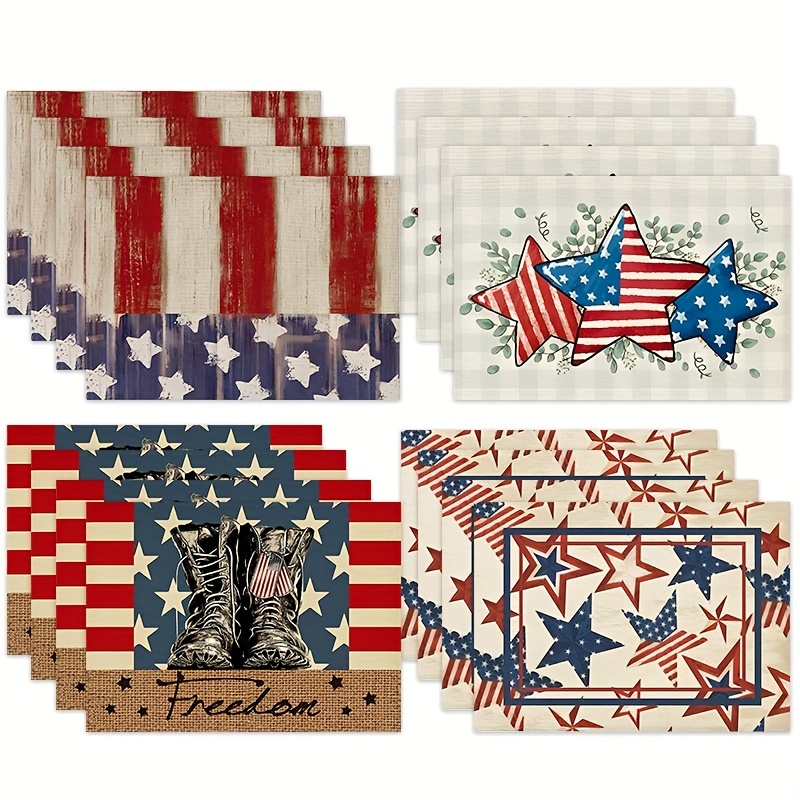

4pcs, Patriotic Placemats Set, Polyester American Flag Design, Independence Day Festive Table Mats, Red White And Blue Stars And Stripes, Durable Dining Decor For Holiday Celebrations