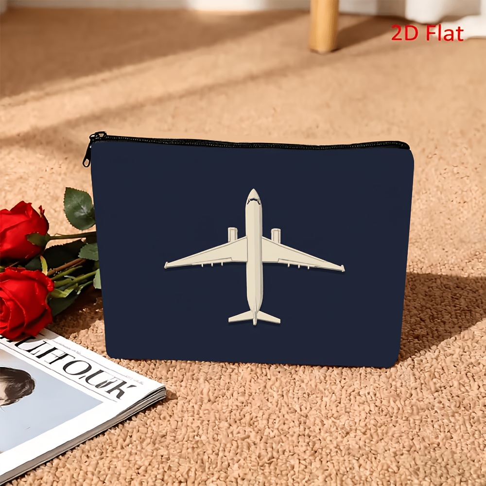 TEMU 1 2d Printed Navy Blue Airplane Zipper Pouch Makeup Bag Travel Organizer, Suitable For Cosmetics, Stationery, And Daily Organization, A Carry-on