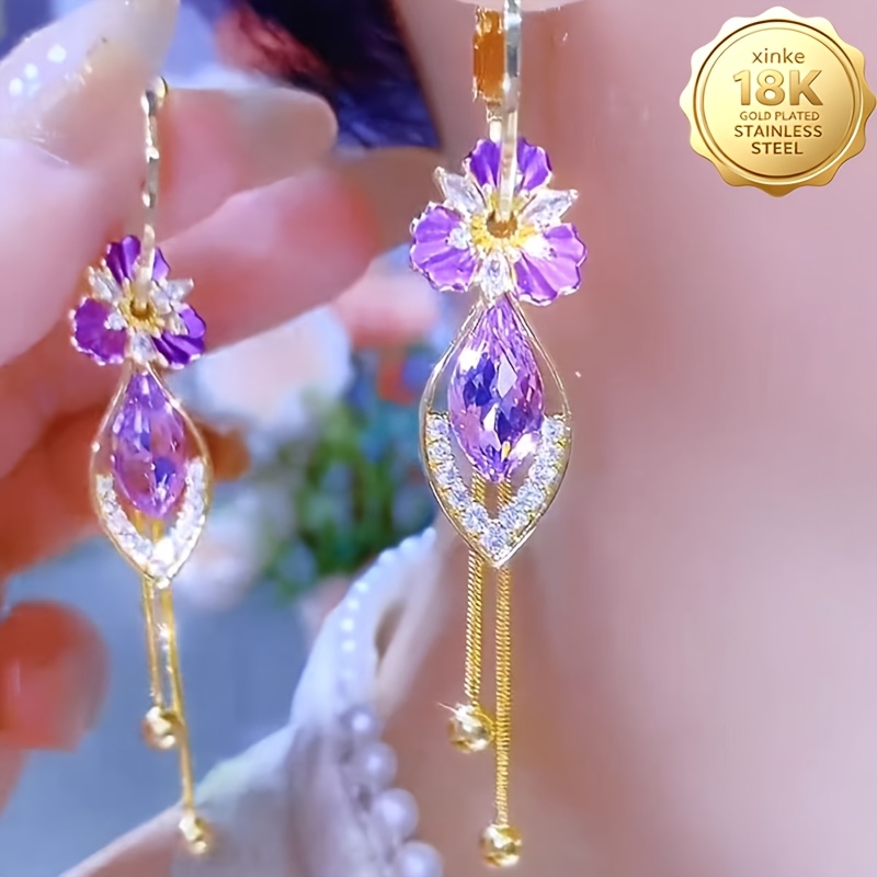 TEMU Boucles d'oreilles pendantes violettes plaquées or , spécialement conçues , boucles d'oreilles pendantes florales en émail, bijou décoratif