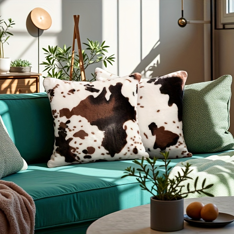 2pcs, Cow Print Plush Pillow Covers, Modern Fur Pattern Throw Pillow Cases, 18x18 Inch, Decor For Sofa Bedroom Car, No Pillow Core