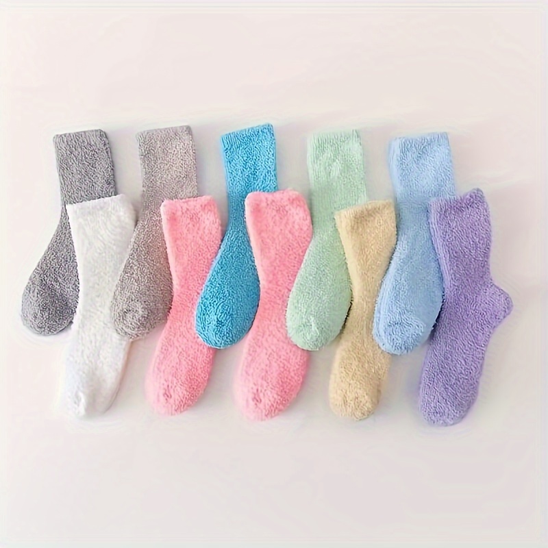 

5/10 Pairs Solid Coral Fleece Socks, Simple & Warm Mid Tube Socks For Fall & Winter, Women's Stockings & Hosiery