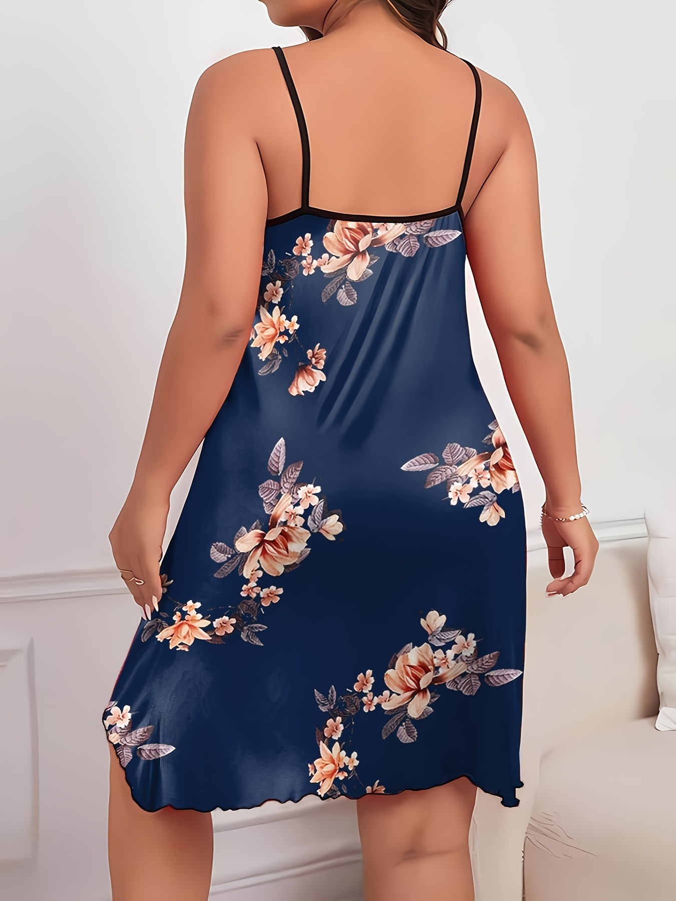 Women's Plus Sexy Loungewear Dress, Plus Size Floral Print Round Neck Frill Trim Cami Nightdress