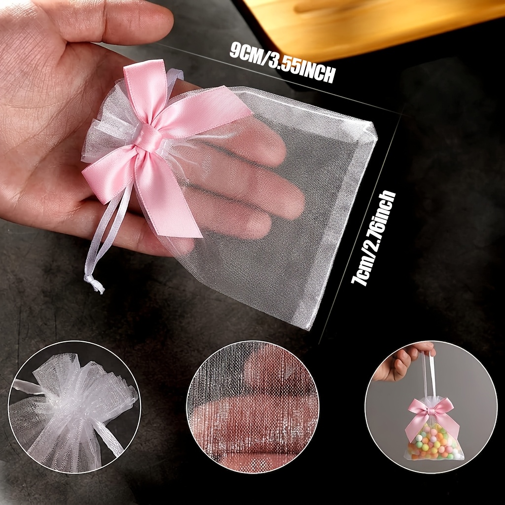 Image of Gift For Her/him 50pcs Bowknot Organza Drawstring Gift Bags - White Bag With, 4 X 3 Inches For Party Wedding Jewelry Packaging Decoration